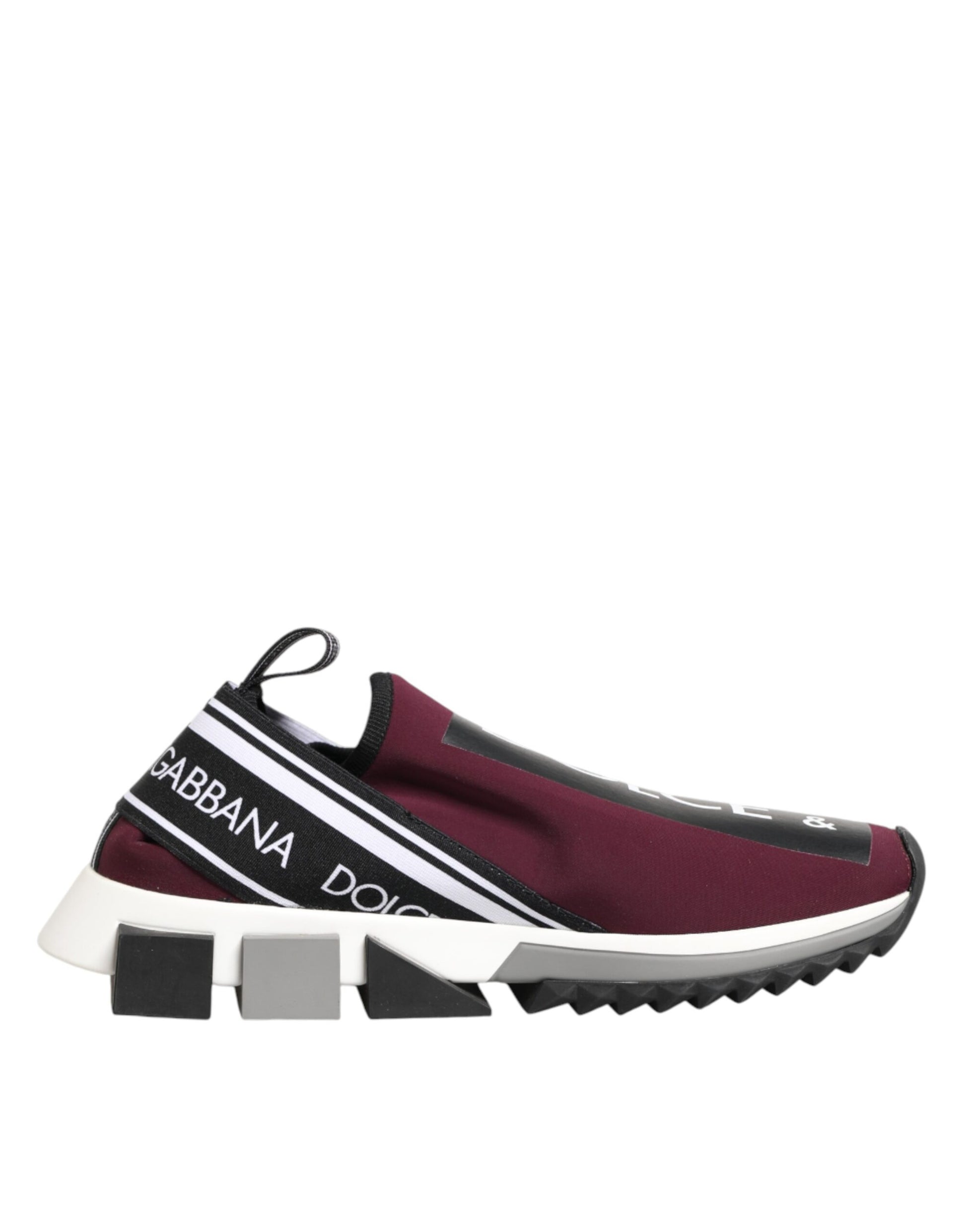 Maroon sneaker with white sole and black laces