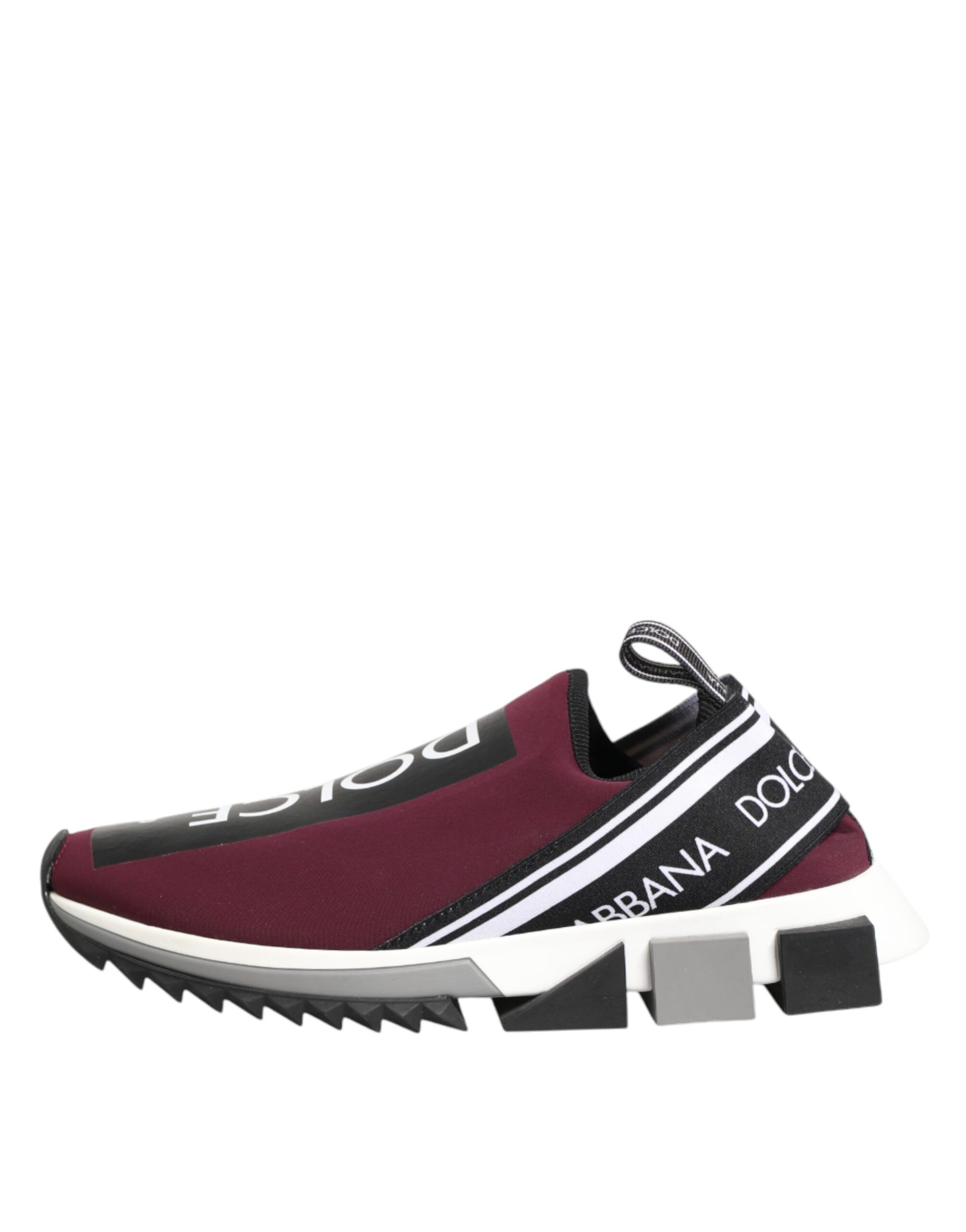 Maroon sneaker with white stripes and logo on side