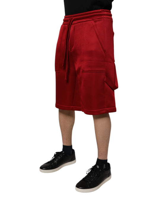 Red mid waist bermuda shorts with pockets and drawstring
