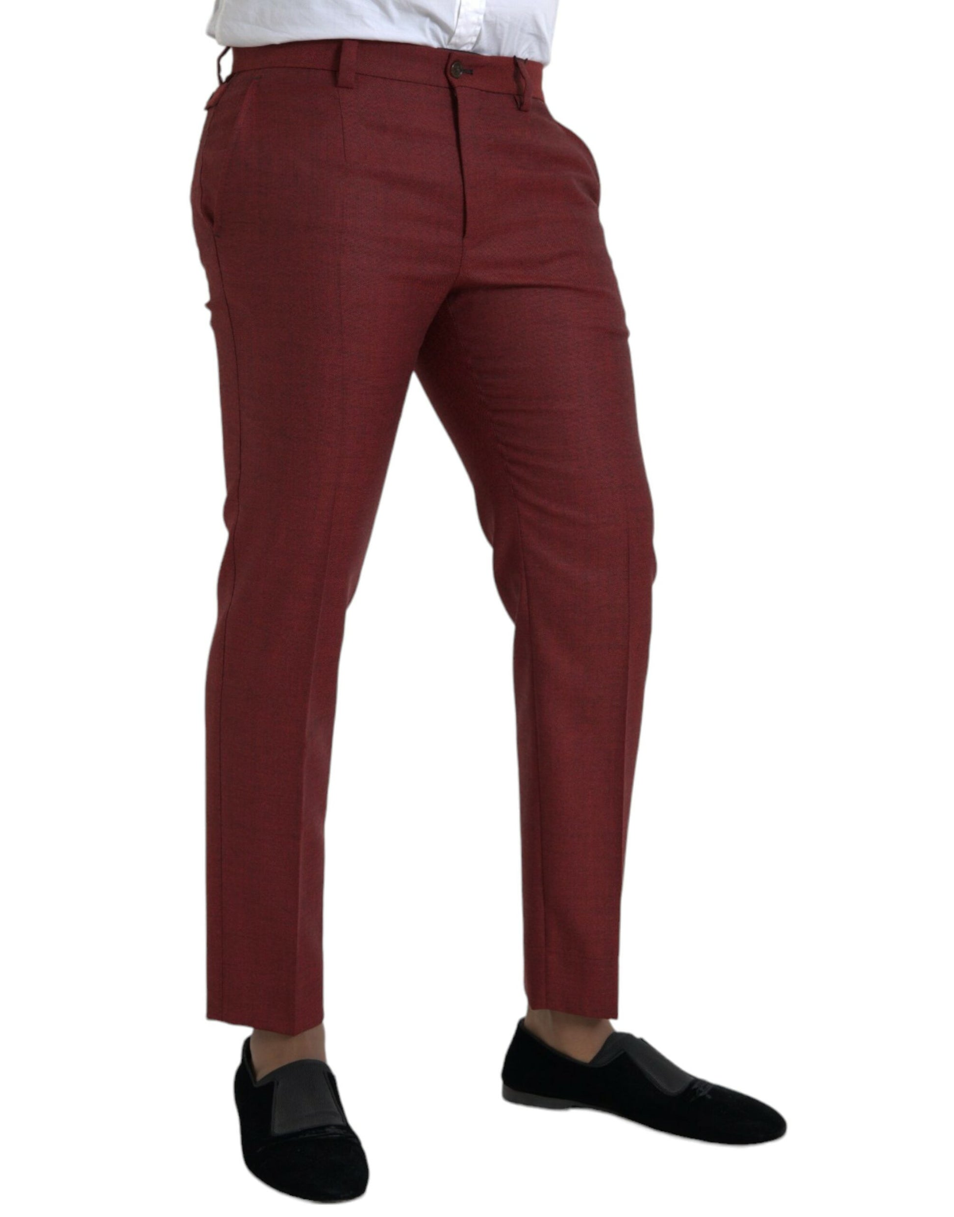 Red wool dress pants with black shoes