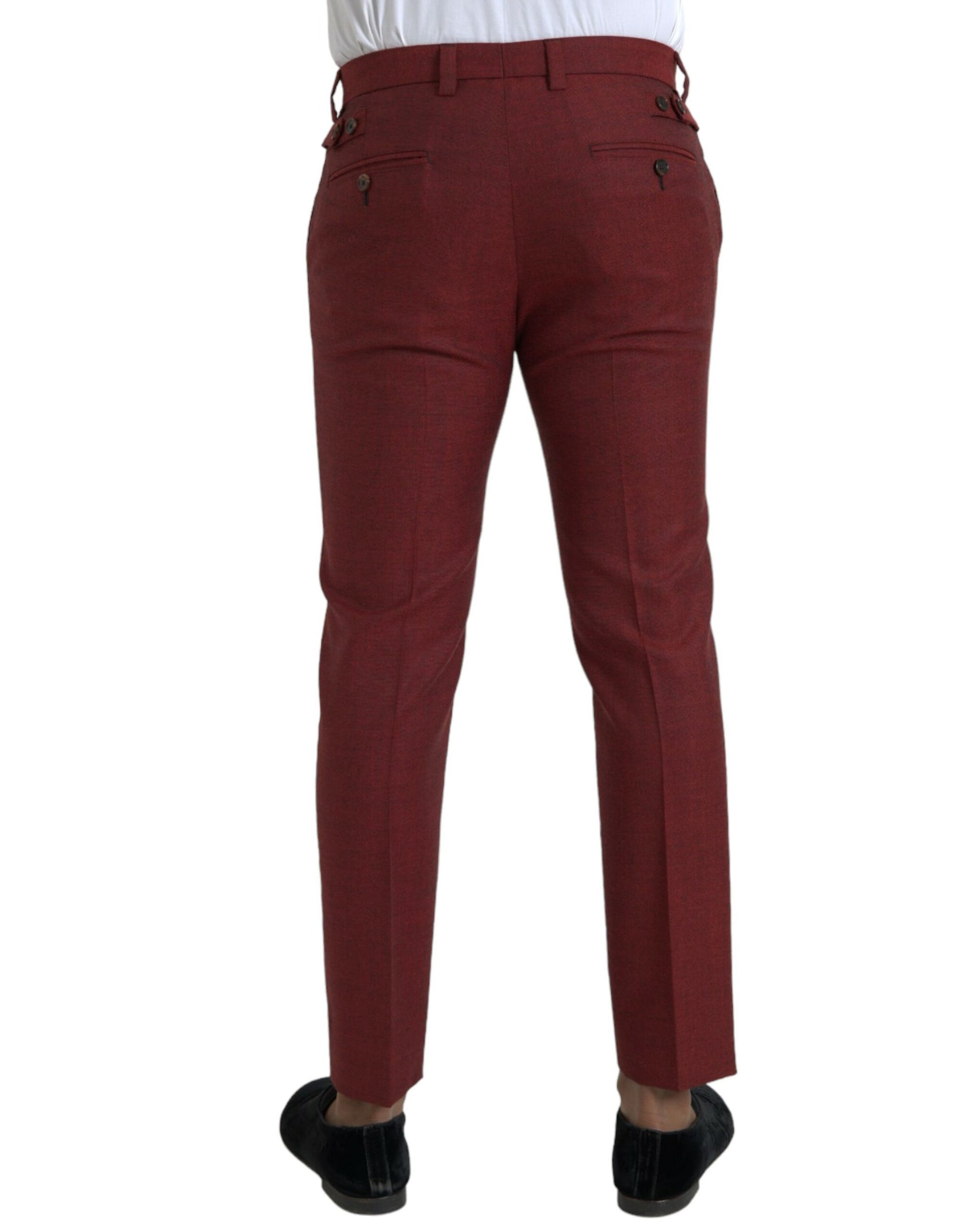 Red wool dress pants with black buttons, zipper and belt loops