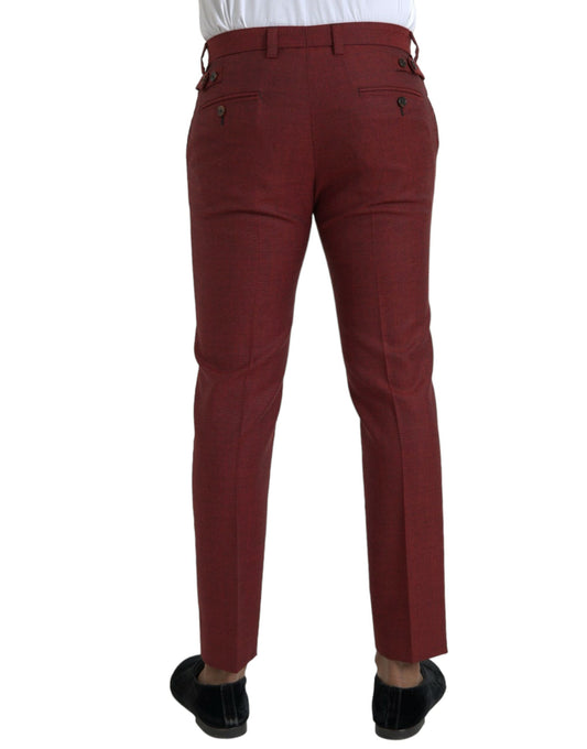 Red wool dress pants with black buttons, zipper and belt loops