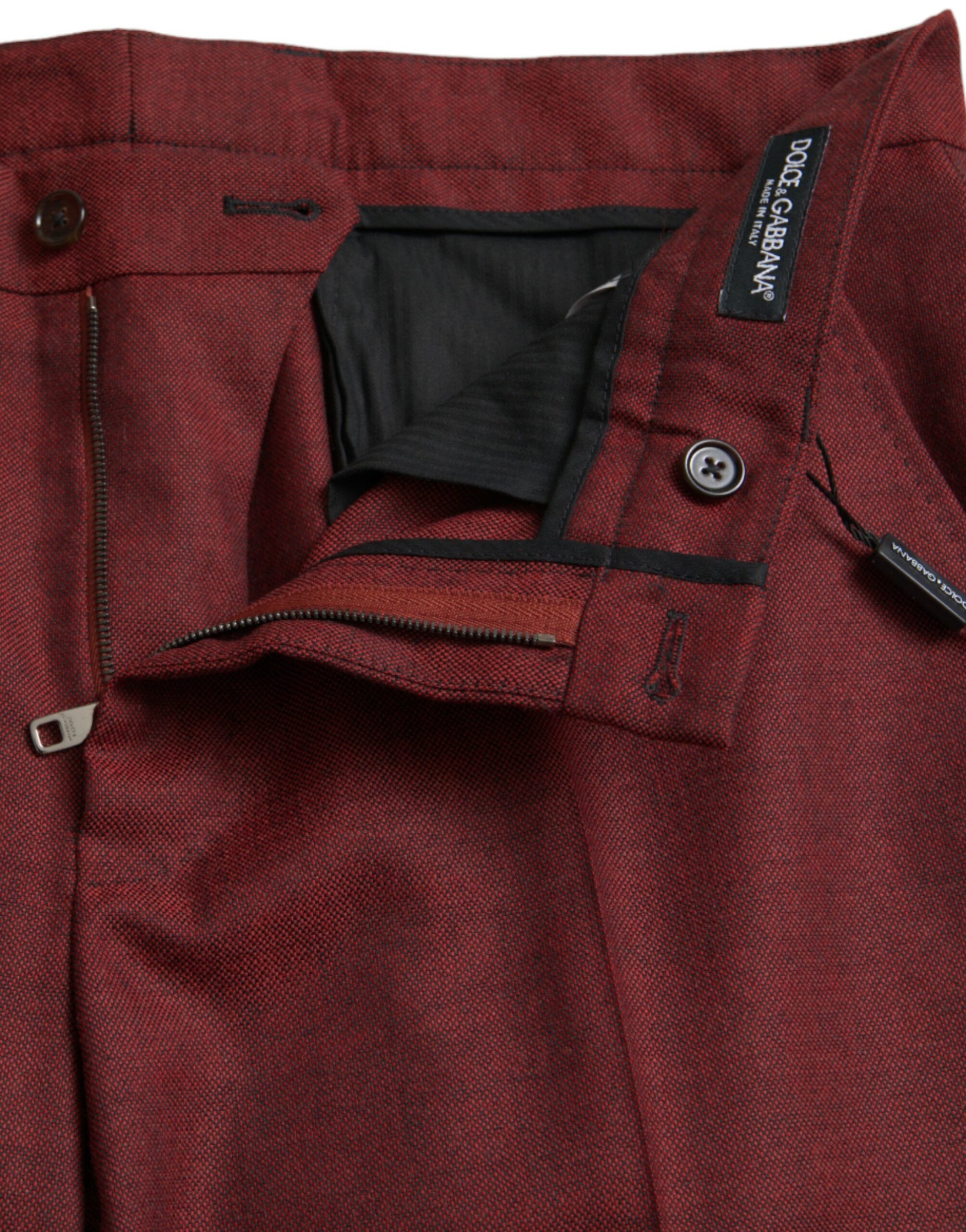 Red wool dress pants with zippered front and side pockets