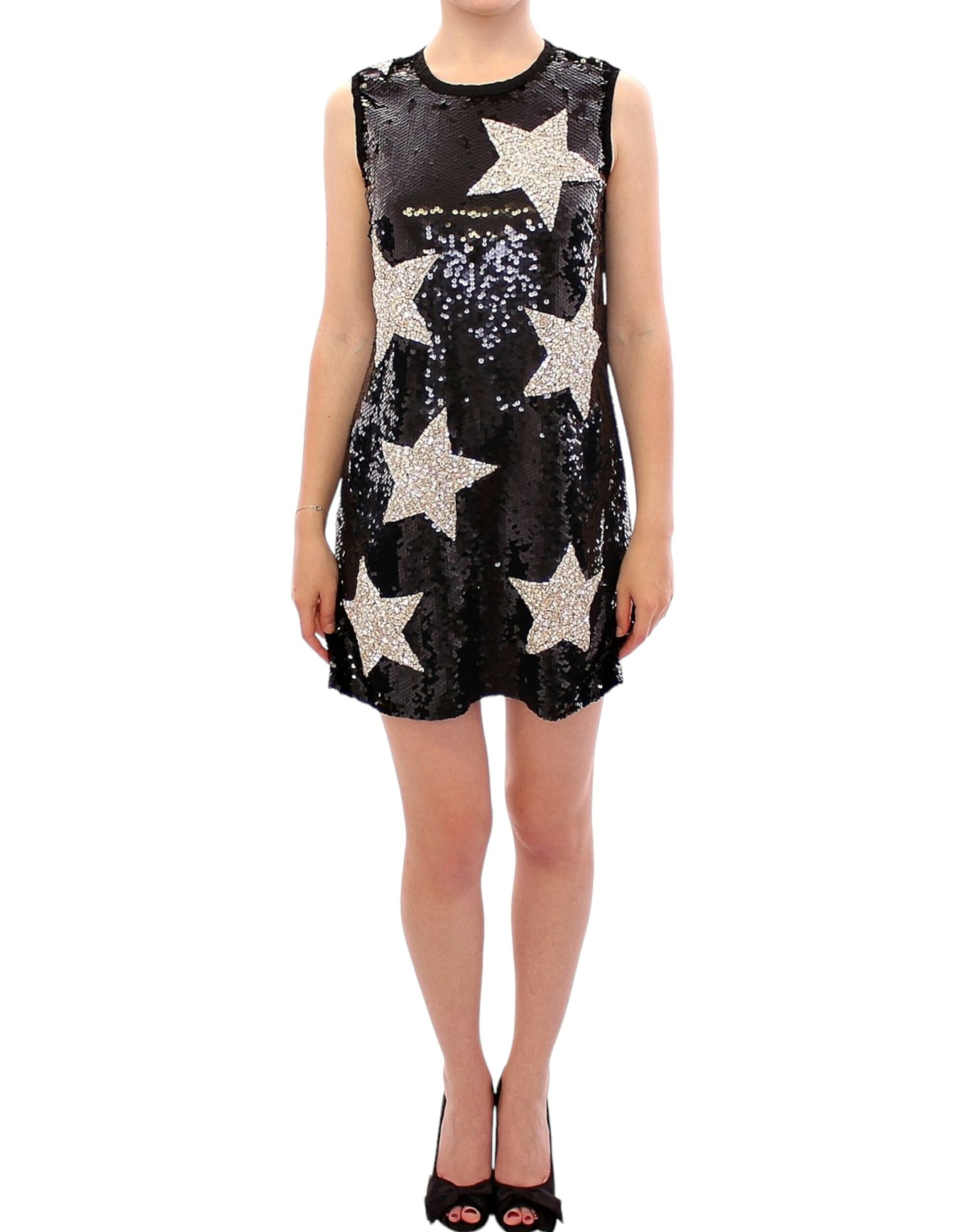 Black sequined dress with stars on bodice