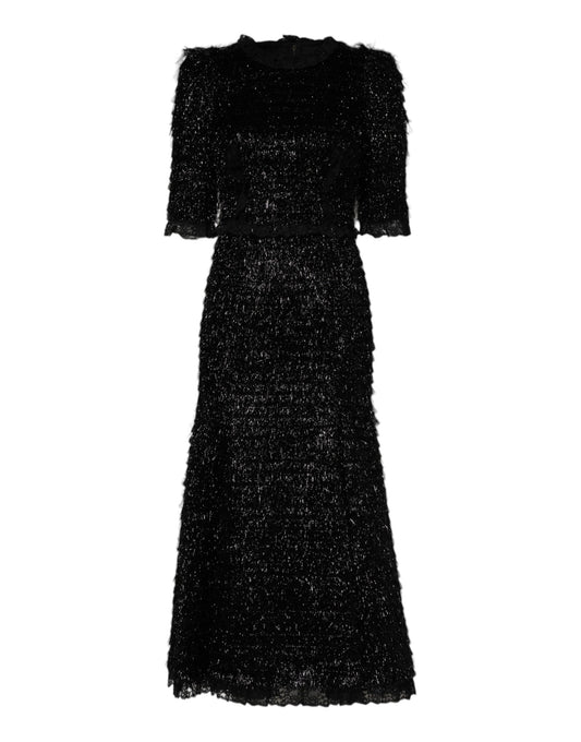 A black midi dress with metallic sheen, featuring a fitted bodice and flared skirt