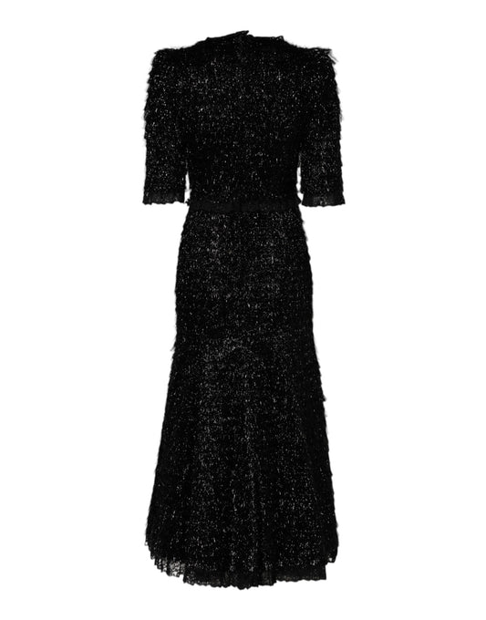 Long black dress with metallic speckles, A-line silhouette, midi length
