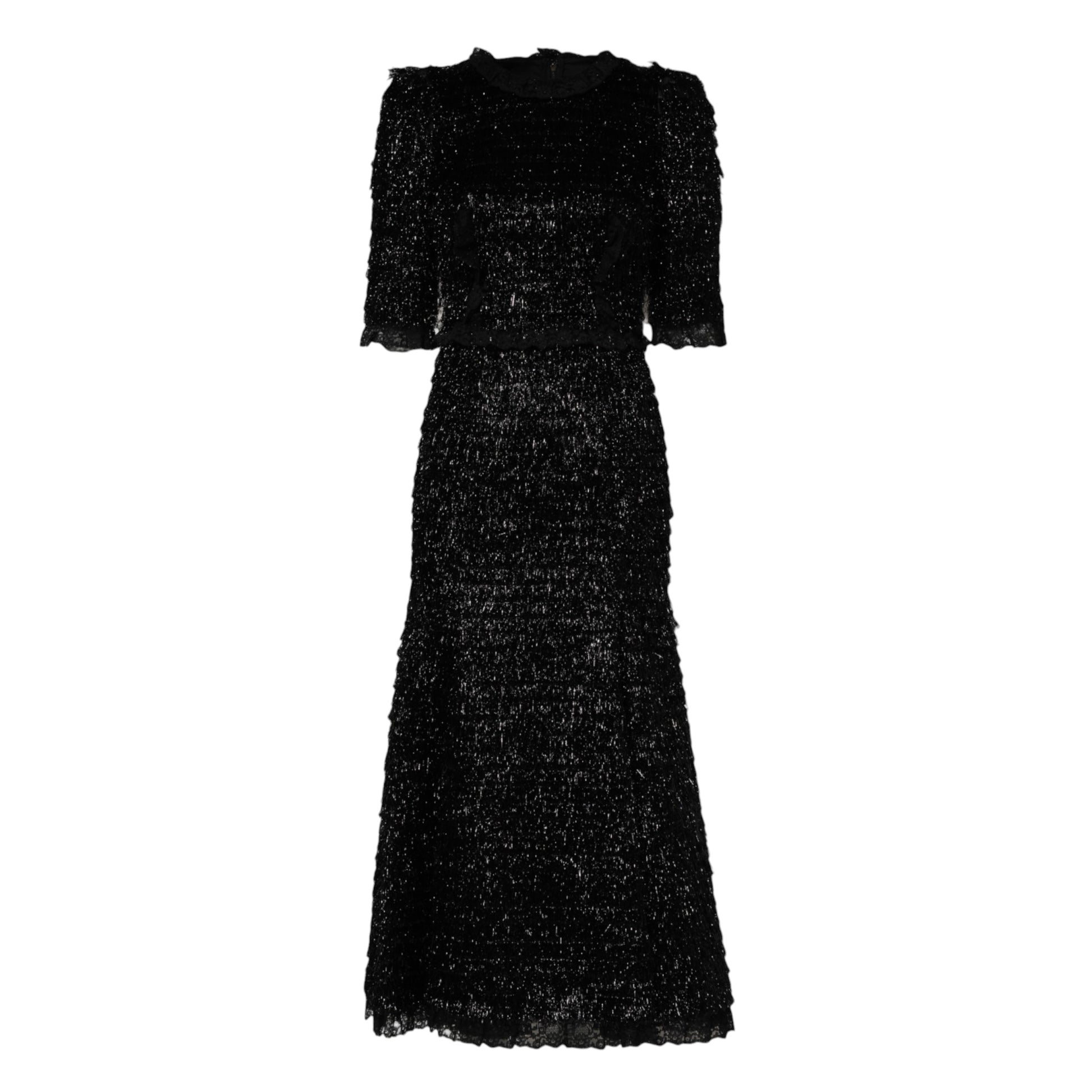 Long black dress with shiny metallic texture, featuring a fitted bodice and flared skirt