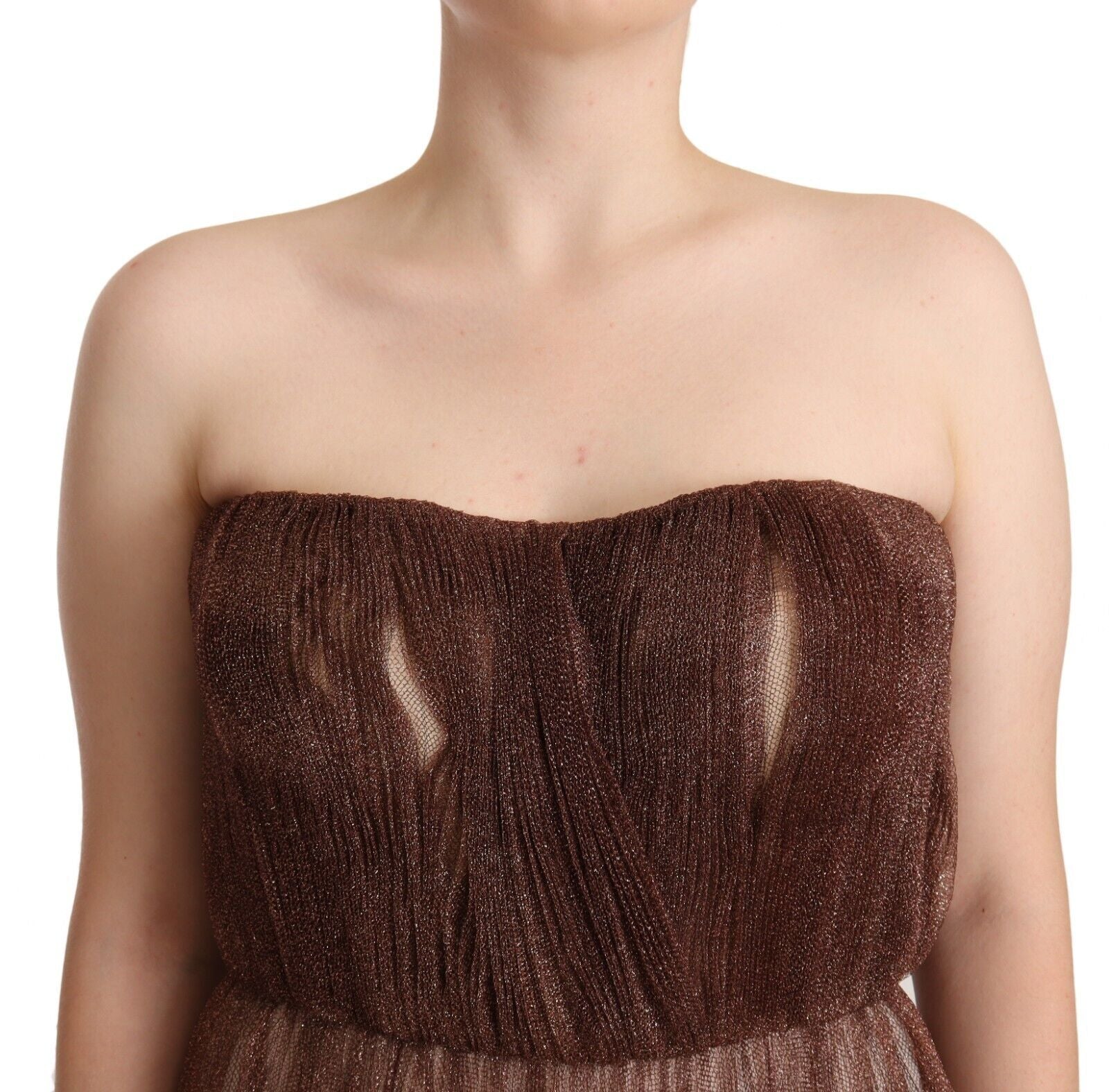 Brown sequined dress with off-the-shoulder design and ruched detailing