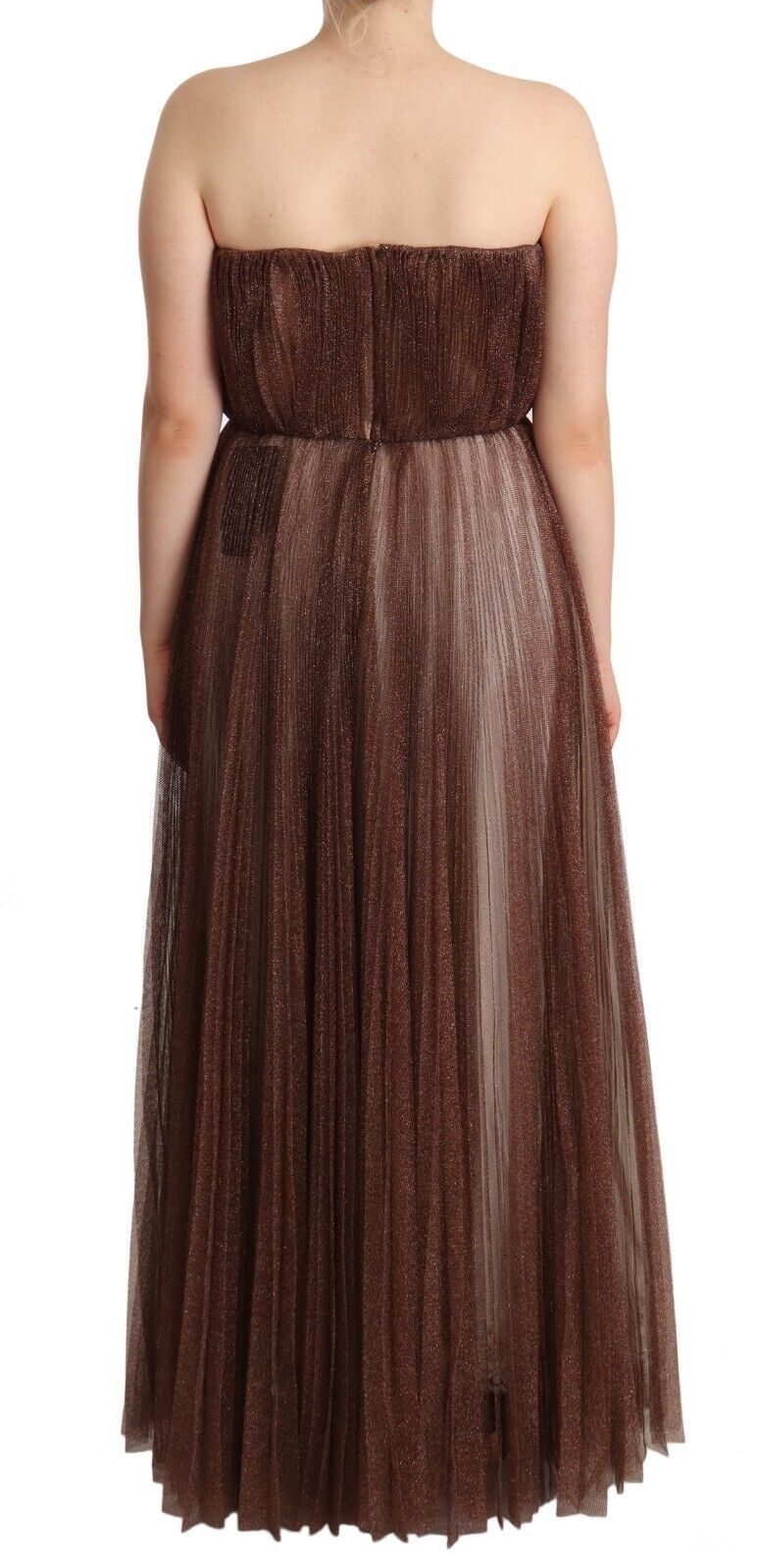 Long sleeveless dress with ruffled detailing and a metallic bronze color