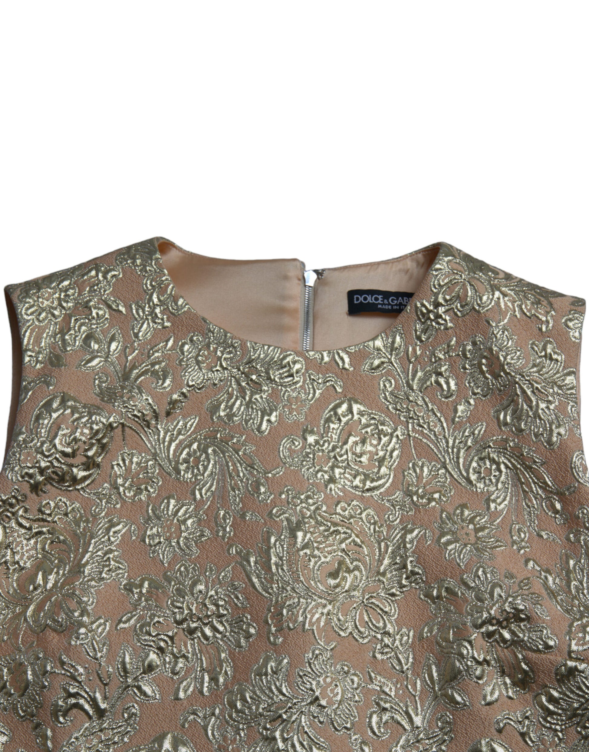 Gold sequined floral patterned dress with V neck and zipper in back