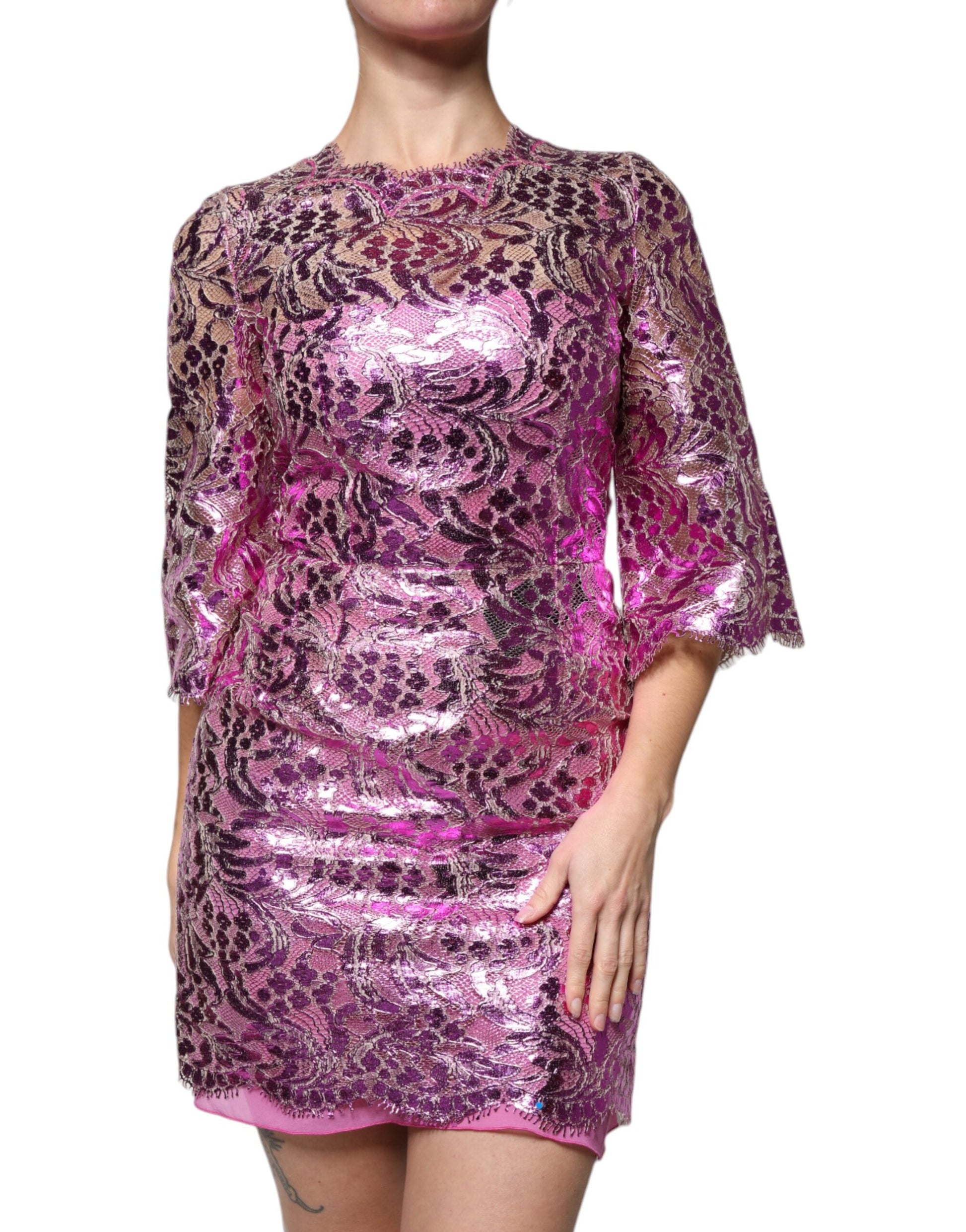 Pink metallic floral sheath dress with long sleeves and ruffled hem