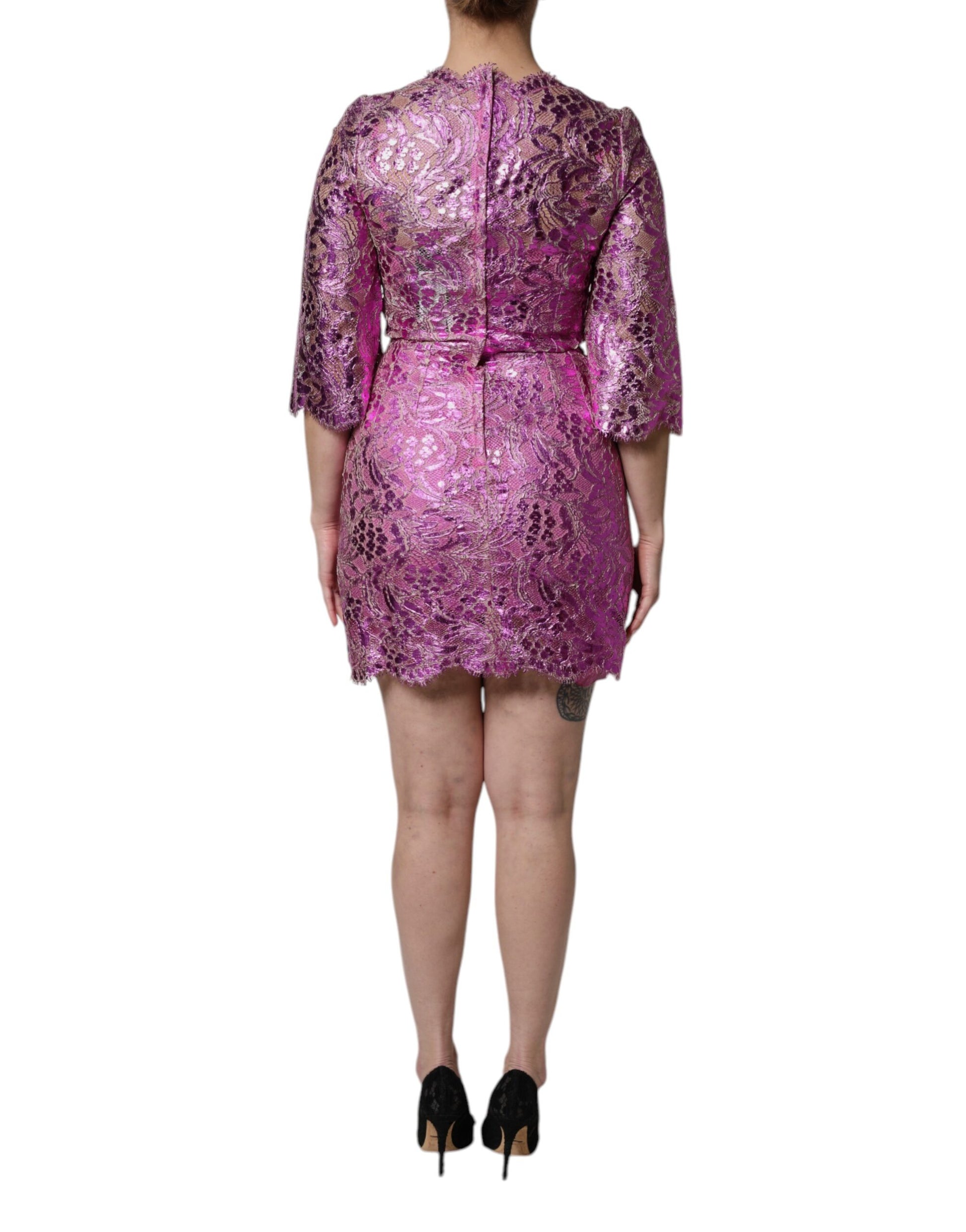 Pink sequined sheath dress with short sleeves and high neckline