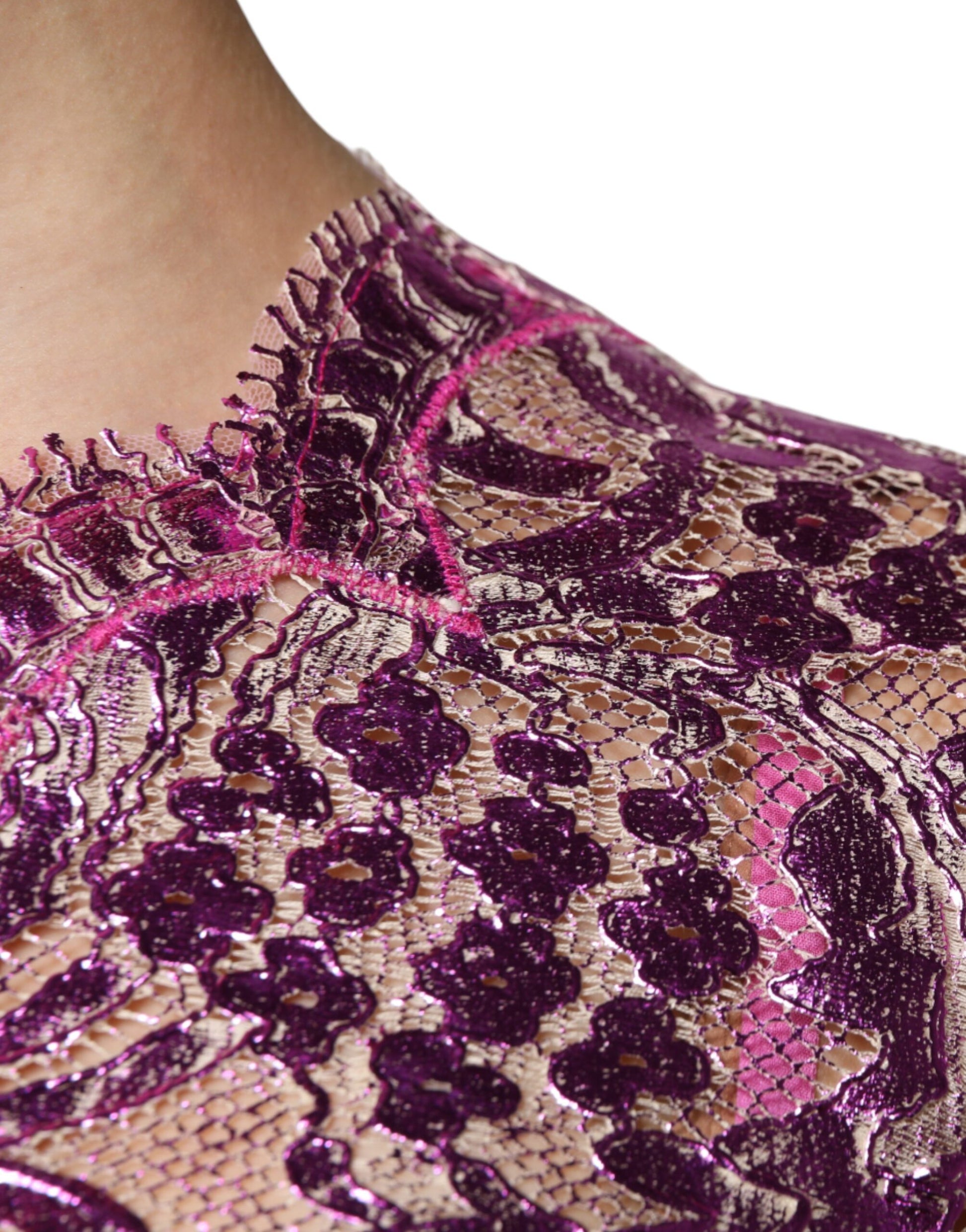 A pink floral embellished sheath dress with a high neckline