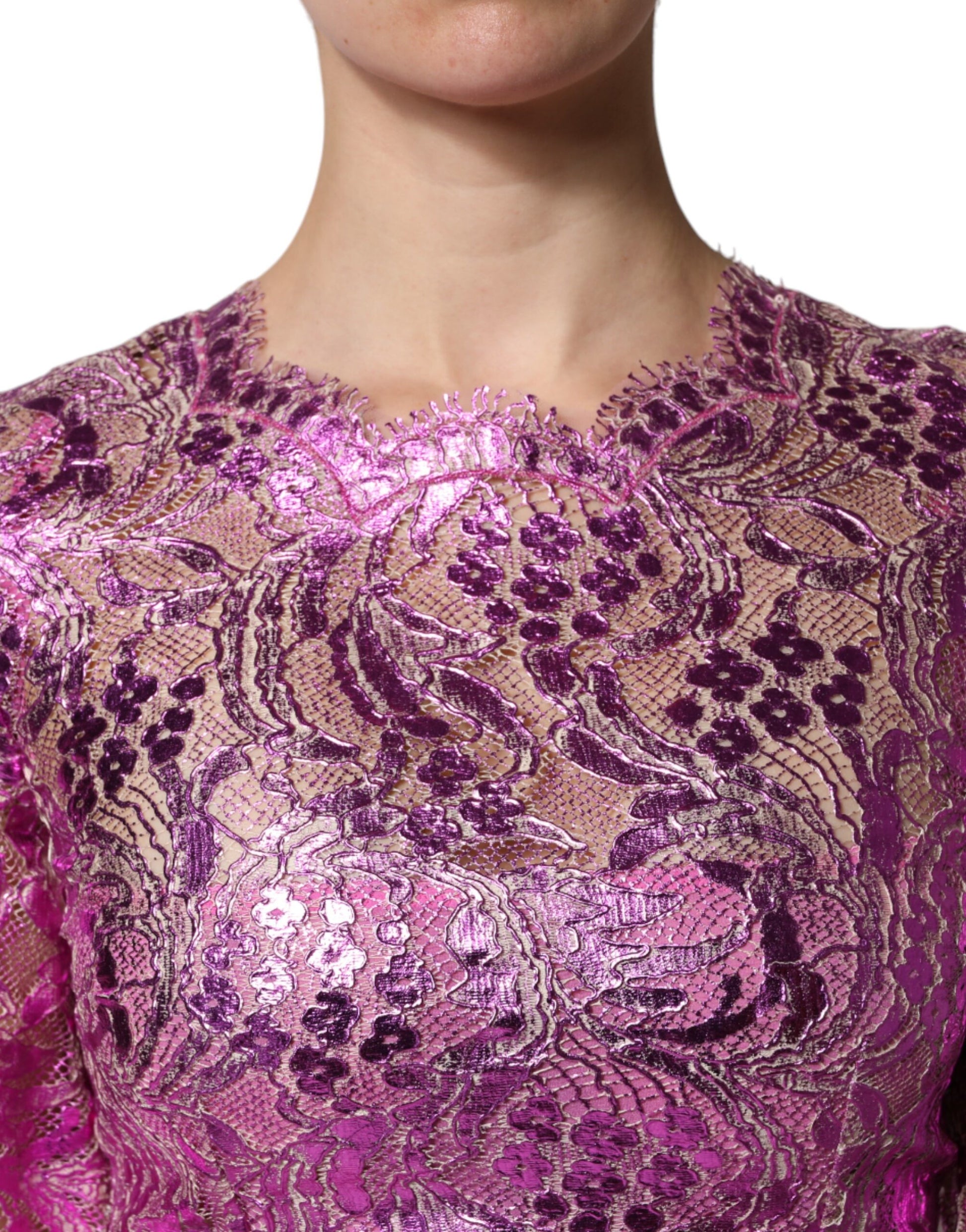 Pink floral embroidered sheath dress with metallic accents