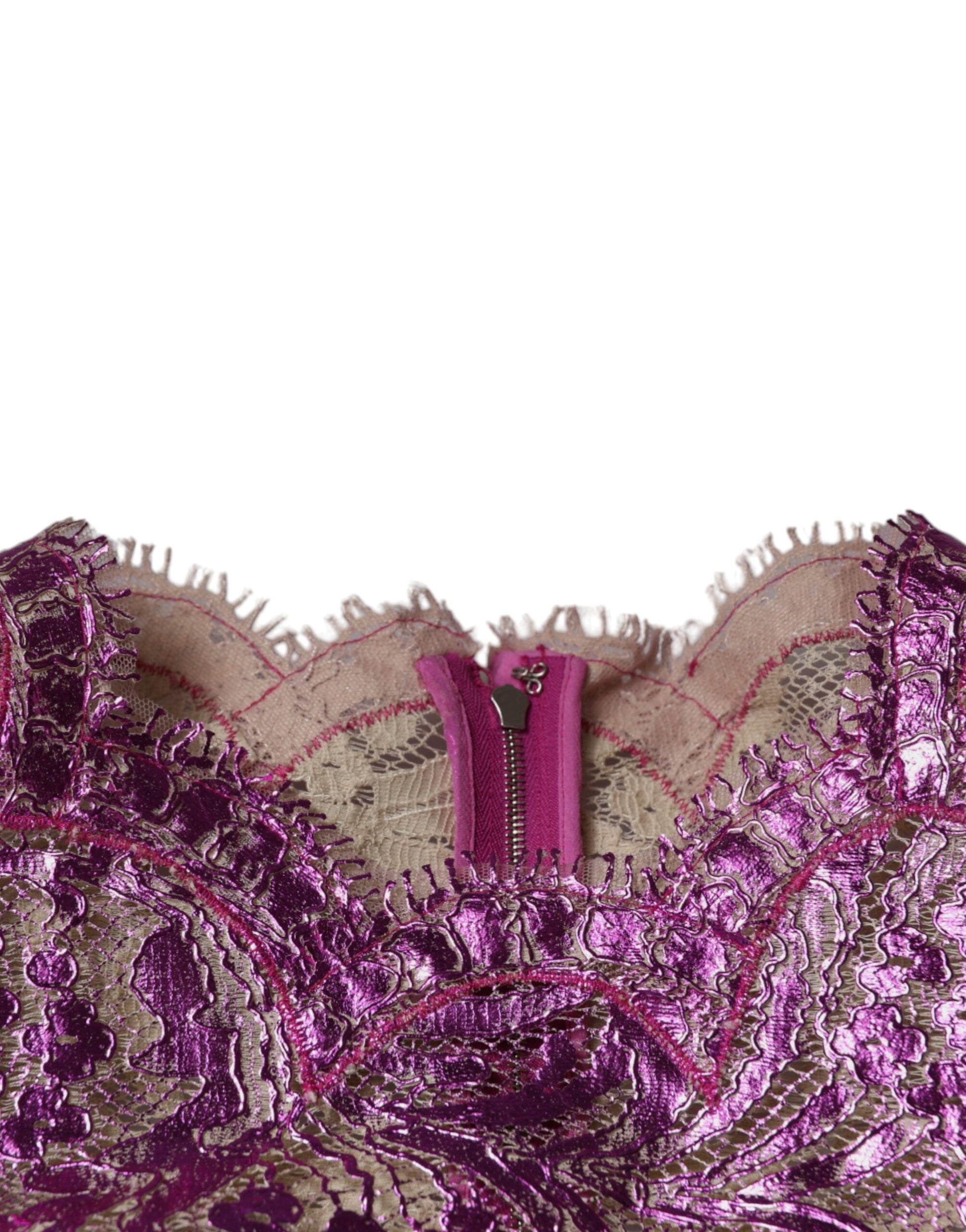 A pink floral sheath dress with a metallic finish, featuring a zipper closure