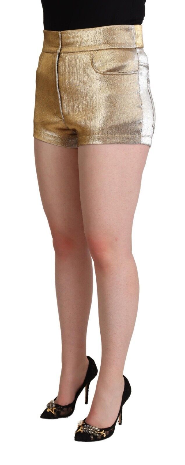 Gold sequin shorts on a model