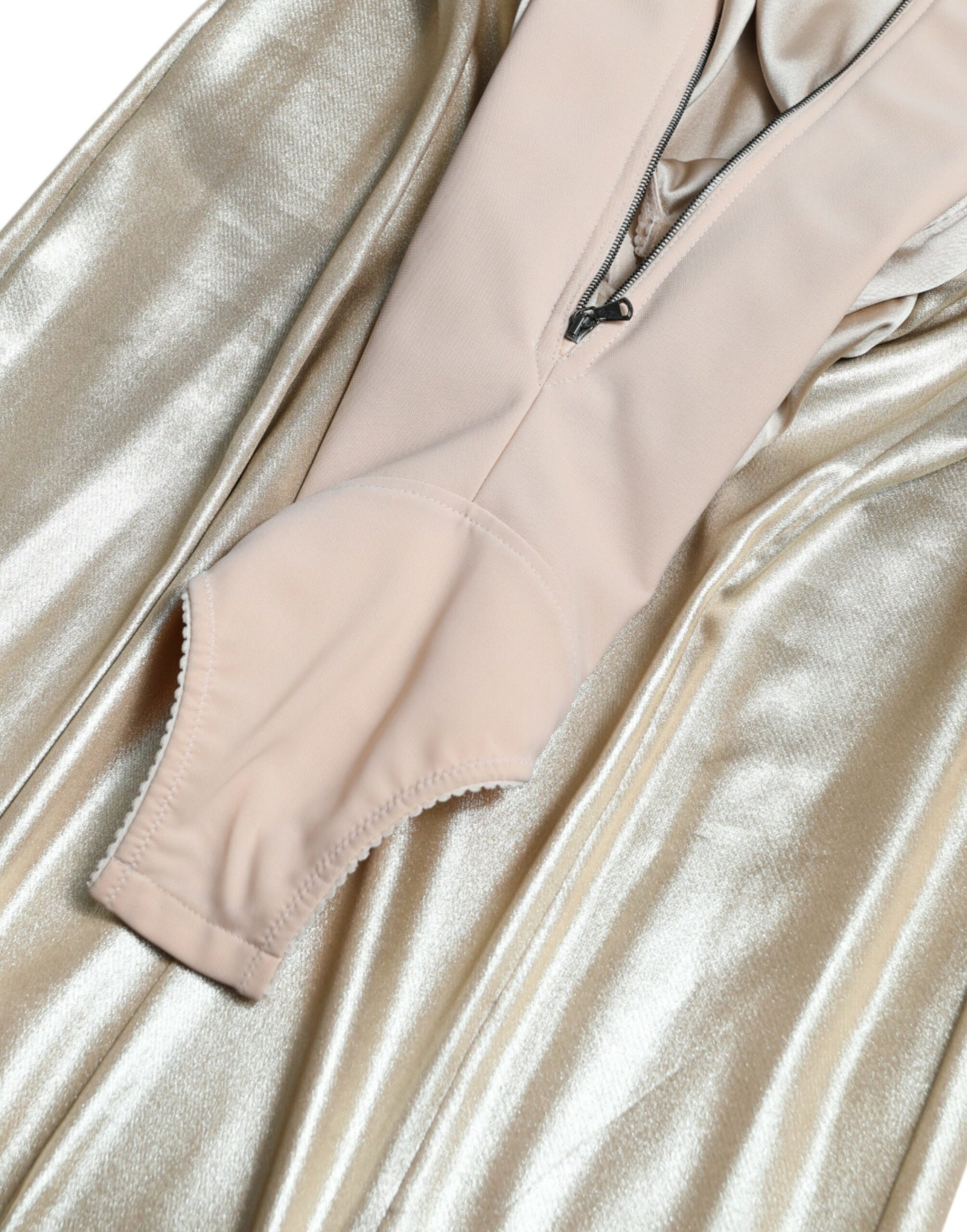 Pink satin dress with gold sequins and zipper detail