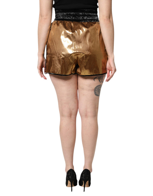 Gold sequin shorts with high waist and ruffle hem