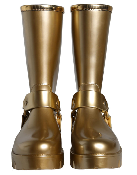 Gold boots on display