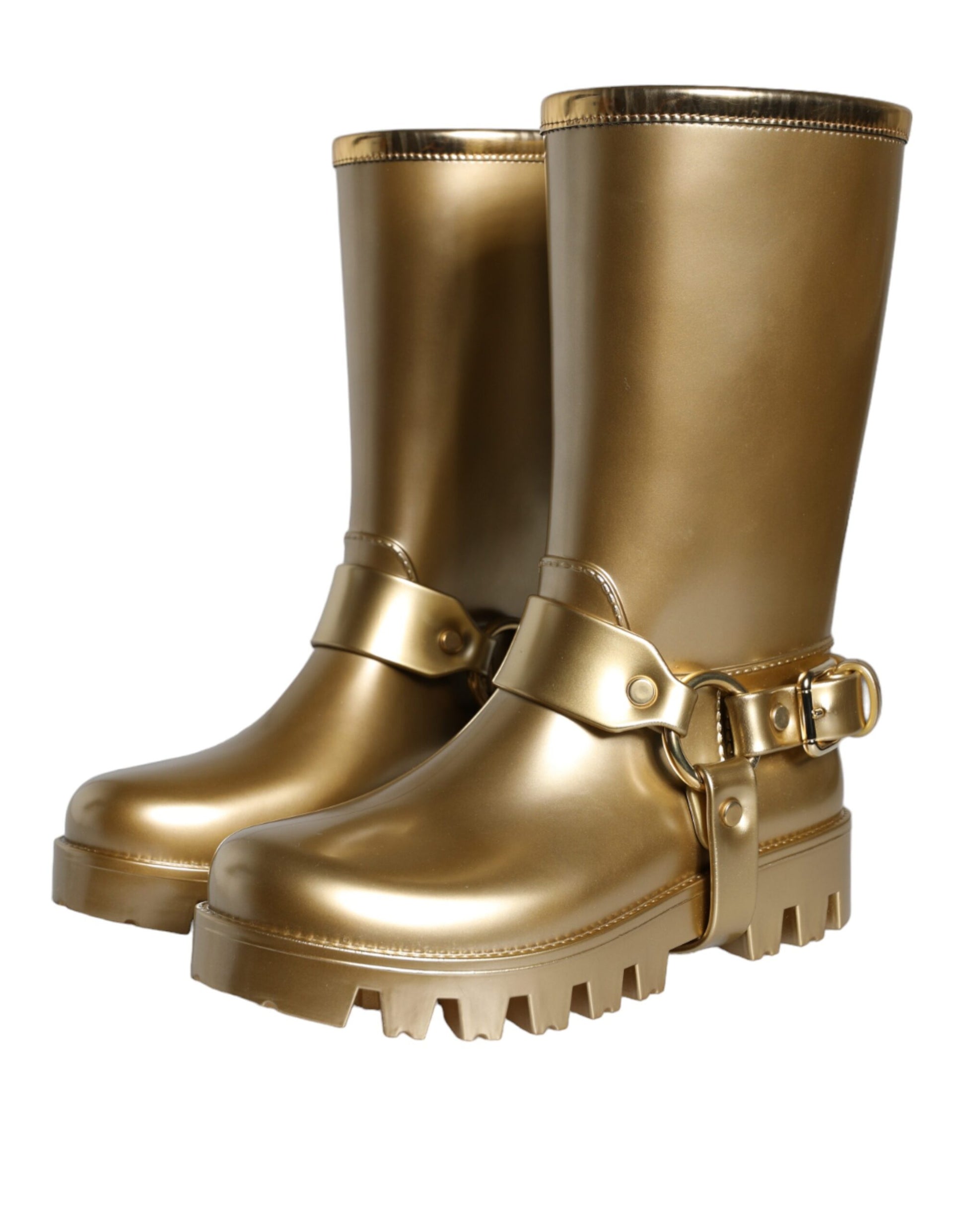 Gold boots with buckles and straps