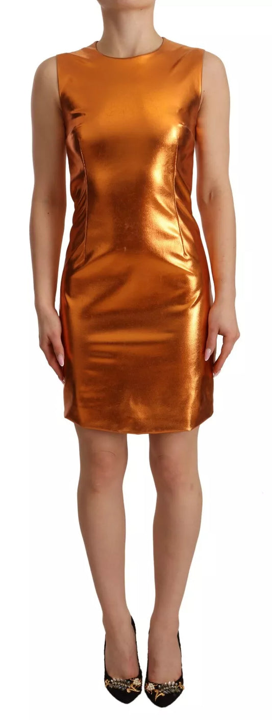 A sleeveless sheath dress in metallic orange, featuring a fitted silhouette and a high neckline