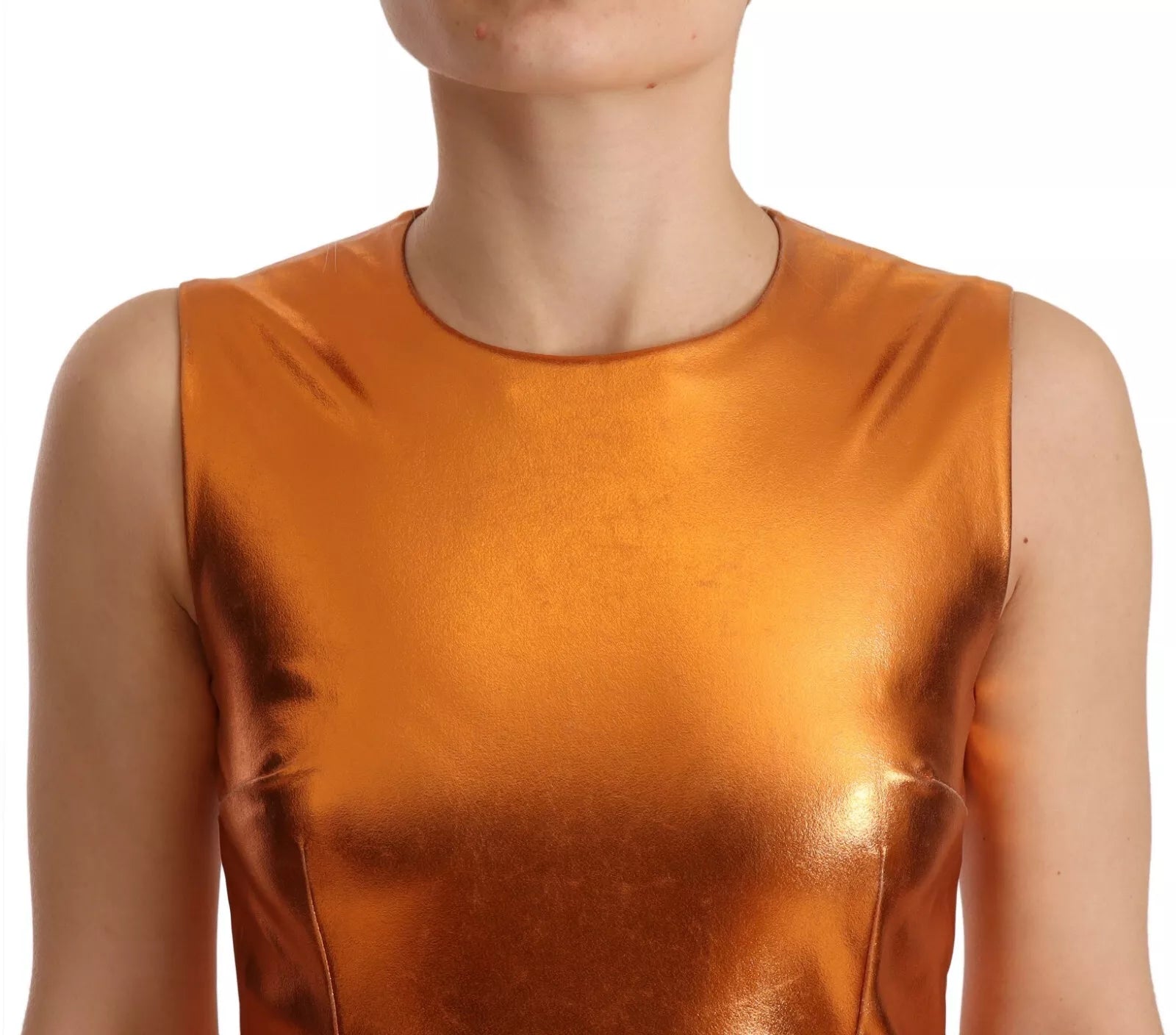 A sleeveless orange dress with a metallic sheen