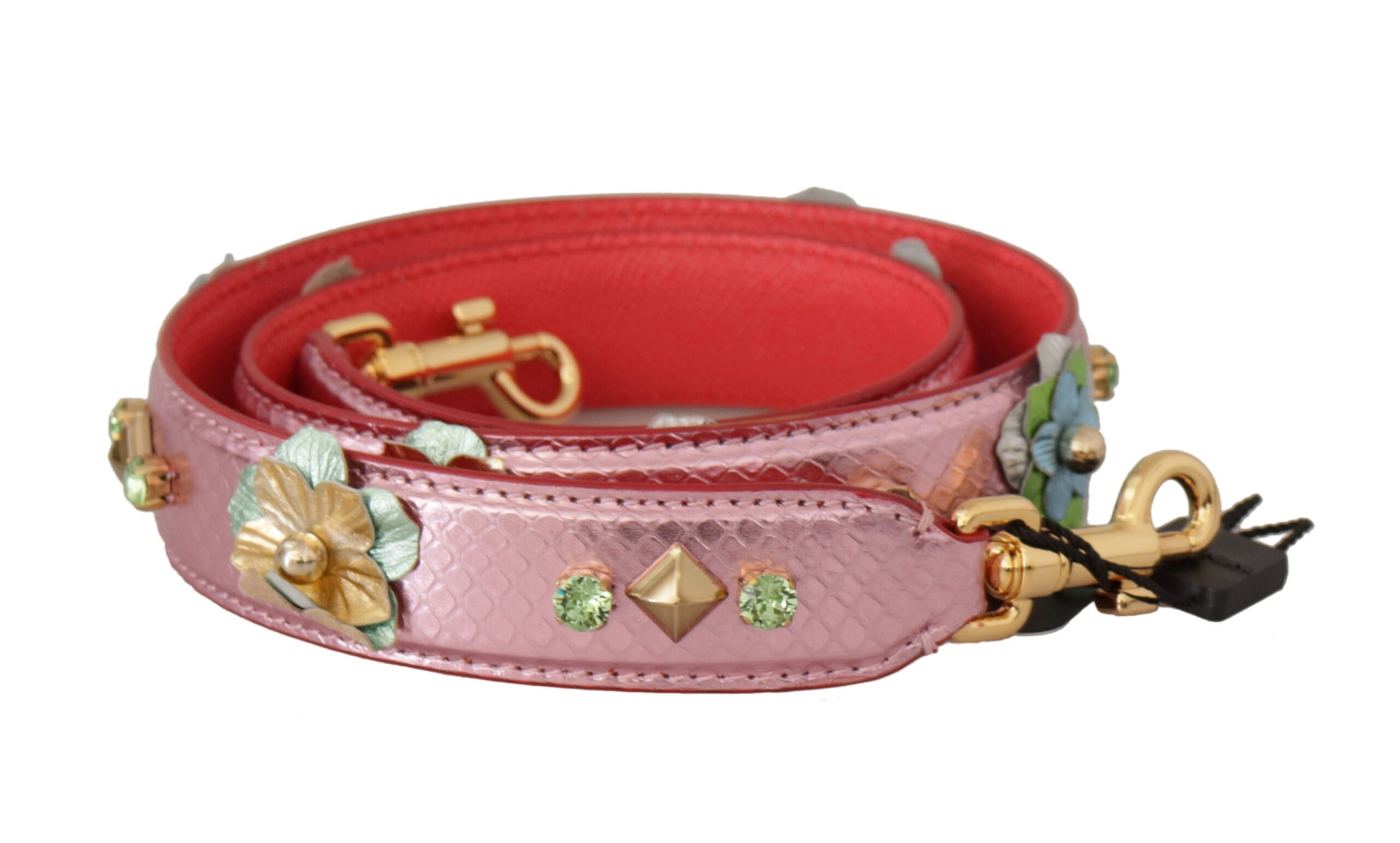 Red and pink leather dog collar with gold buckles and embellishments