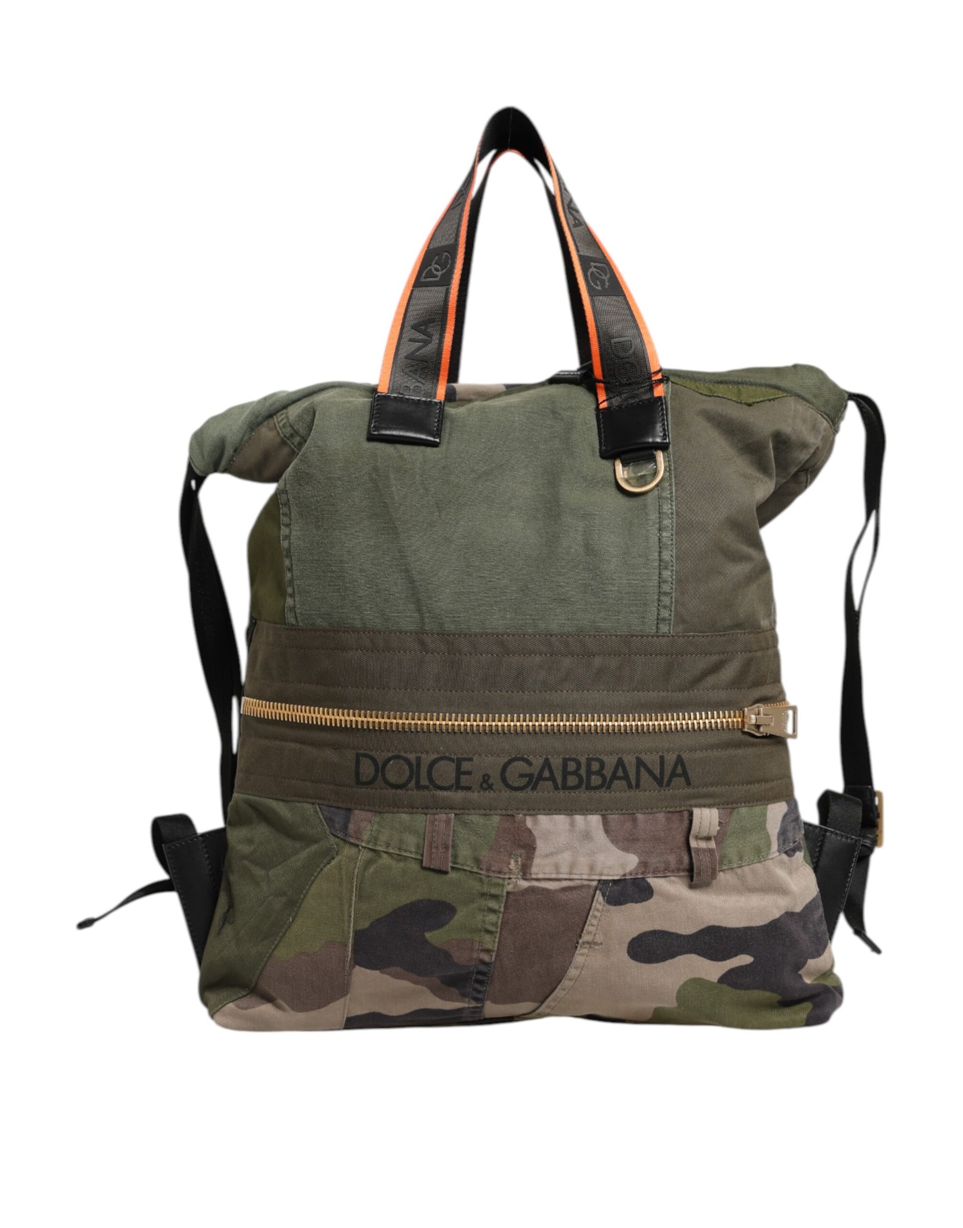 Green camouflage backpack with black straps and orange trim