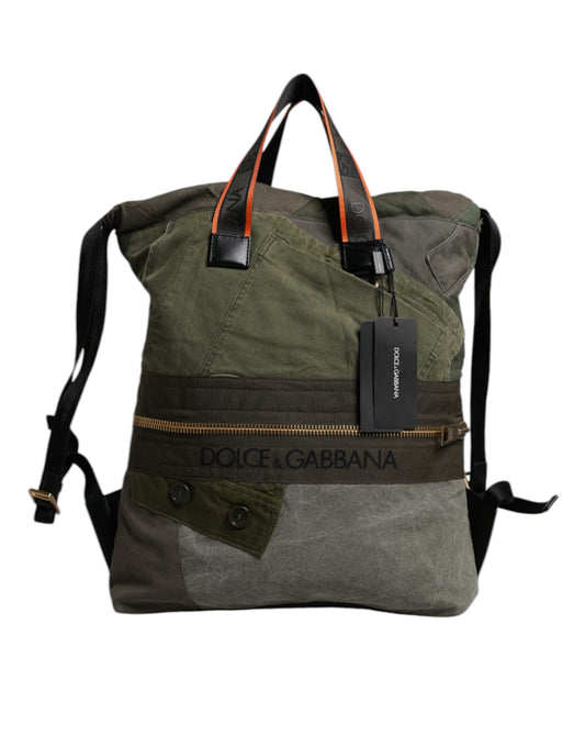 Green backpack with black straps and a tag on the front