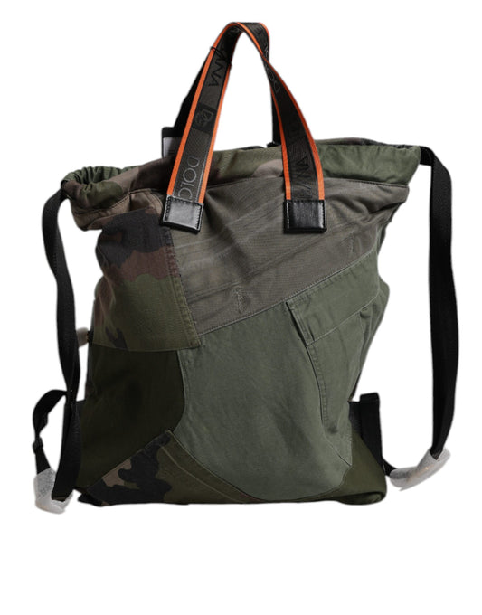 Green camouflage duffel bag with orange straps