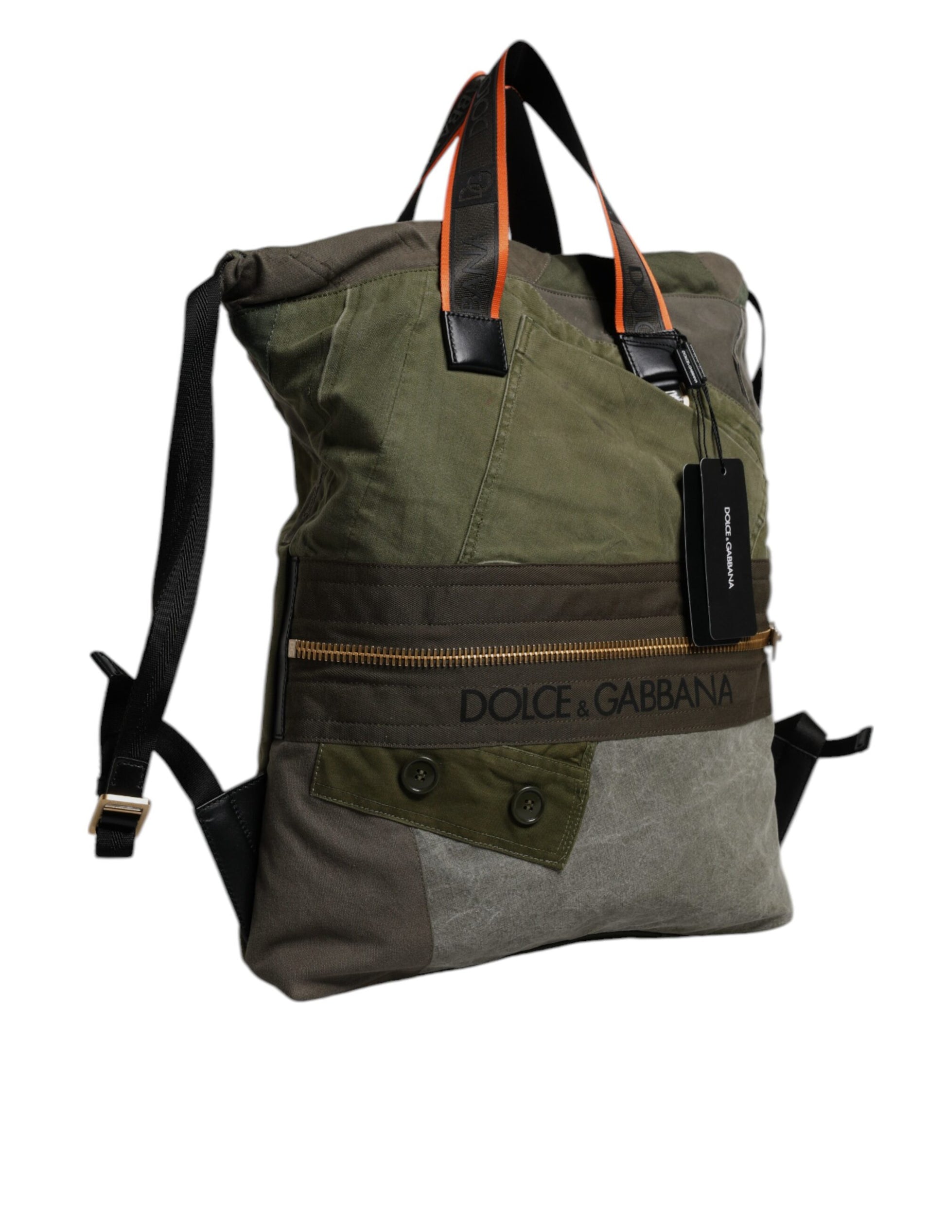Green backpack with black straps and orange trim