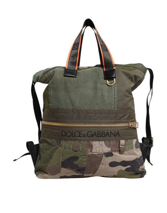 Green camouflage backpack with black straps and orange trim