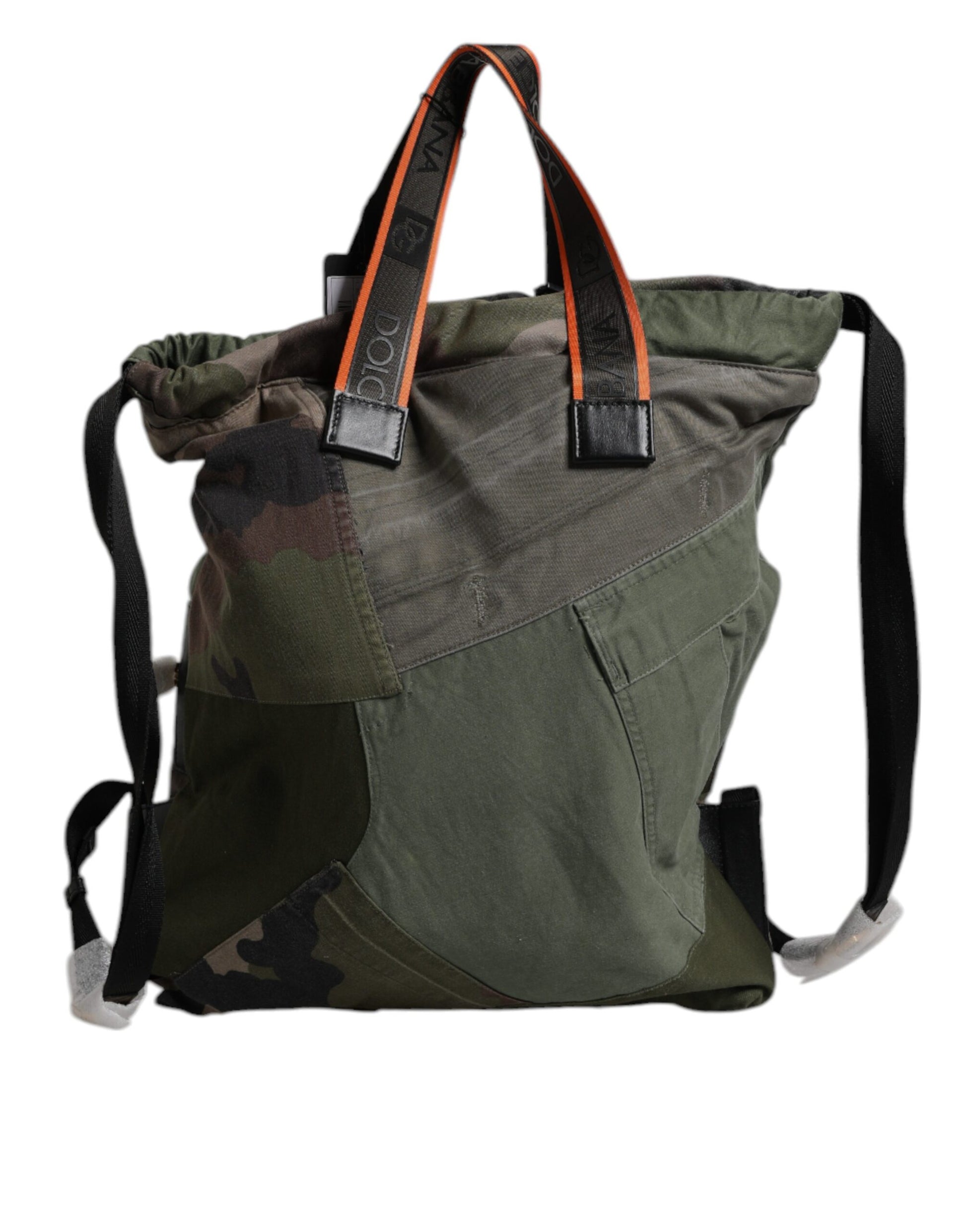 Green camouflage duffel bag with orange straps