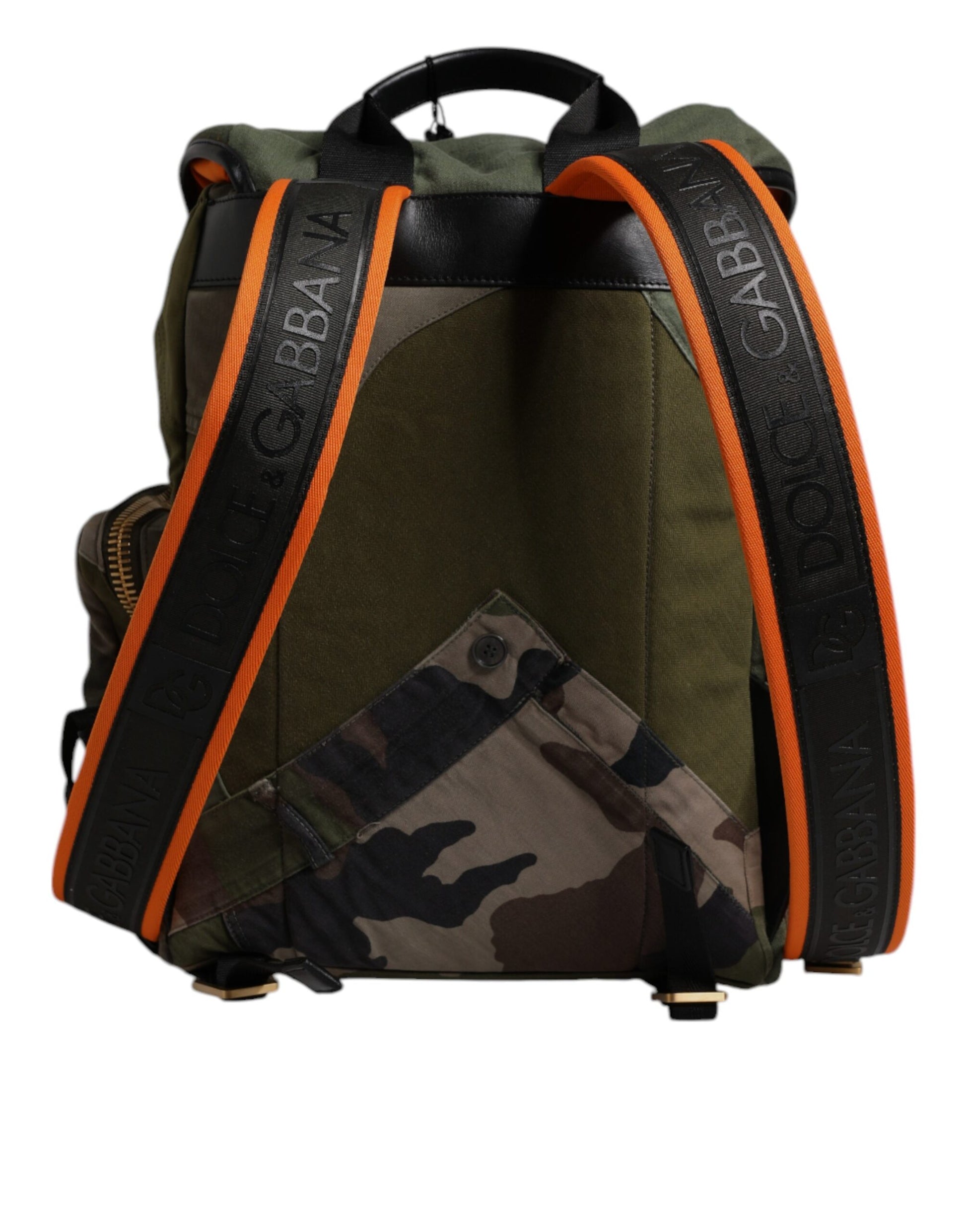 Camouflage backpack with orange straps and pockets