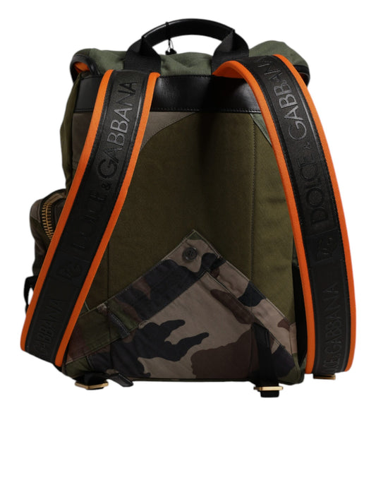 Camouflage backpack with orange straps and pockets