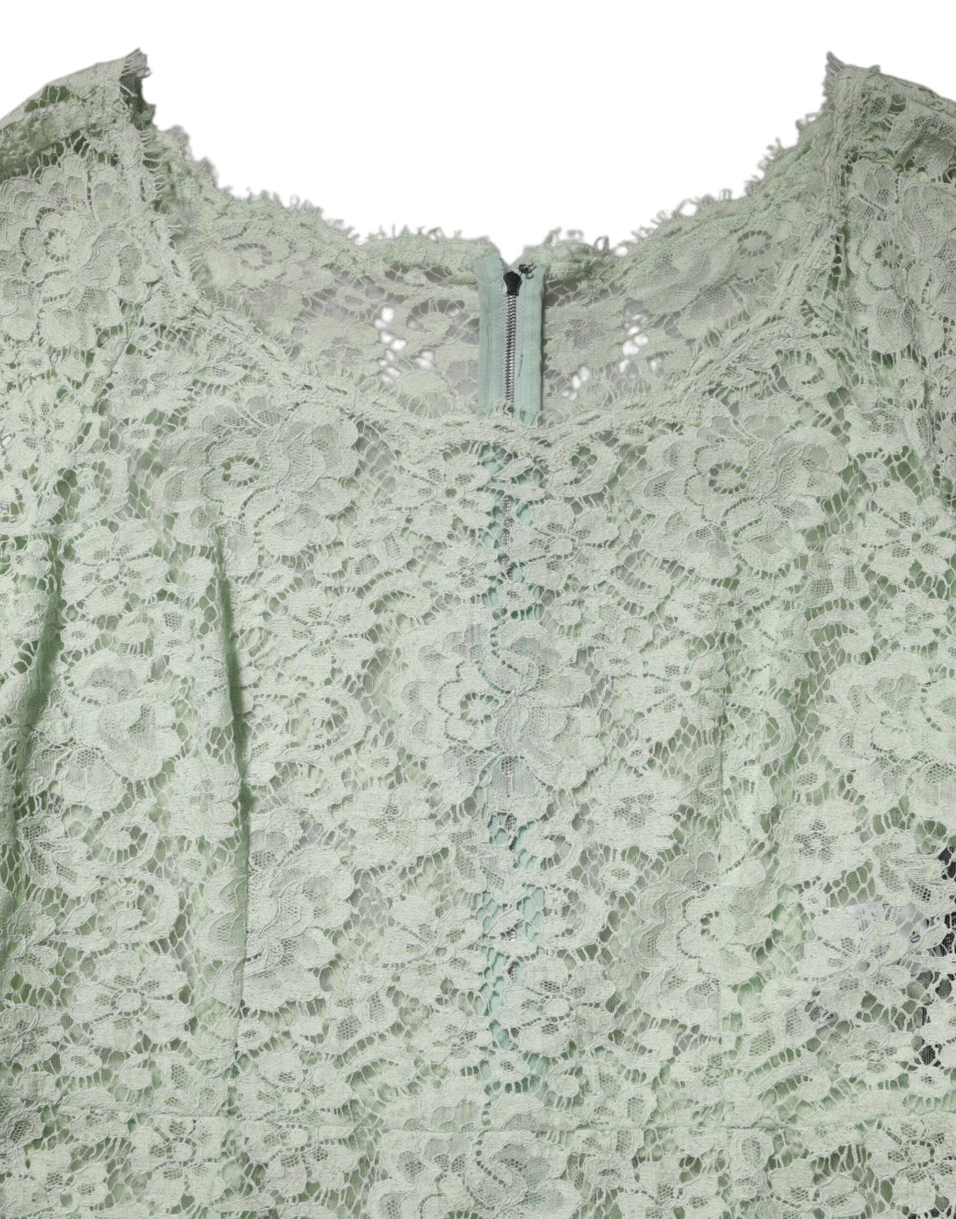A mint green lace trim midi dress with floral pattern, designed by Dolce & Gabbana