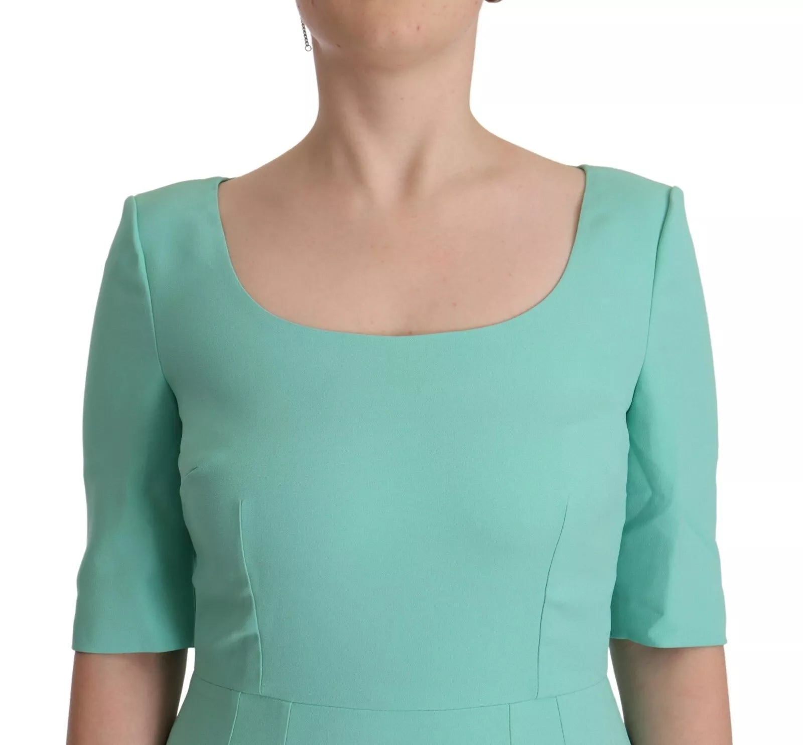 A mint green sheath dress with a square neckline and midi length, from the brand Dolce & Gabbana