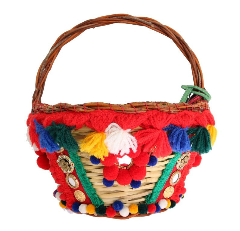 Colorful woven basket with fringe details and beads