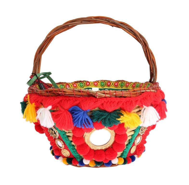 Colorful woven basket with fringe details