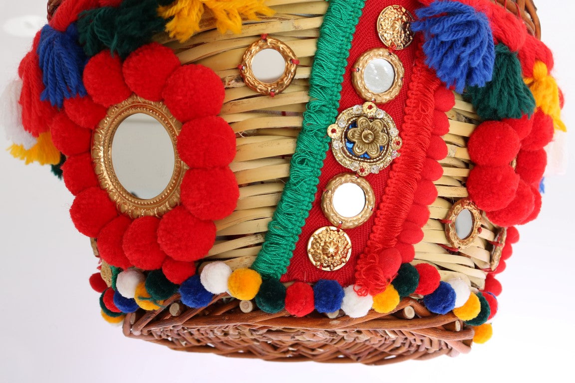 Decorative wicker hat with colorful embroidery, beads, and mirror