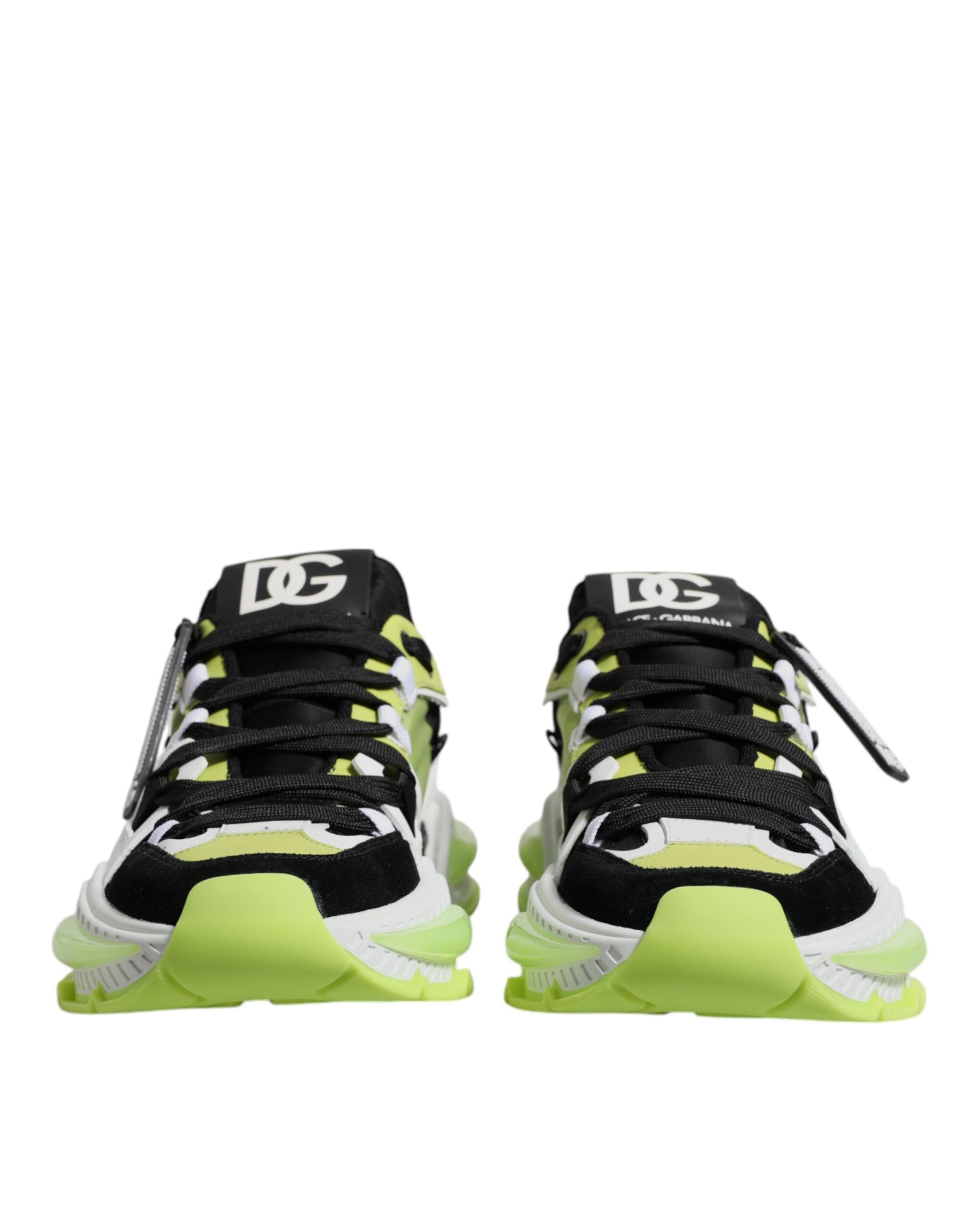 Pair of multicolored sneakers with black and white laces, featuring the Dolce & Gabbana logo