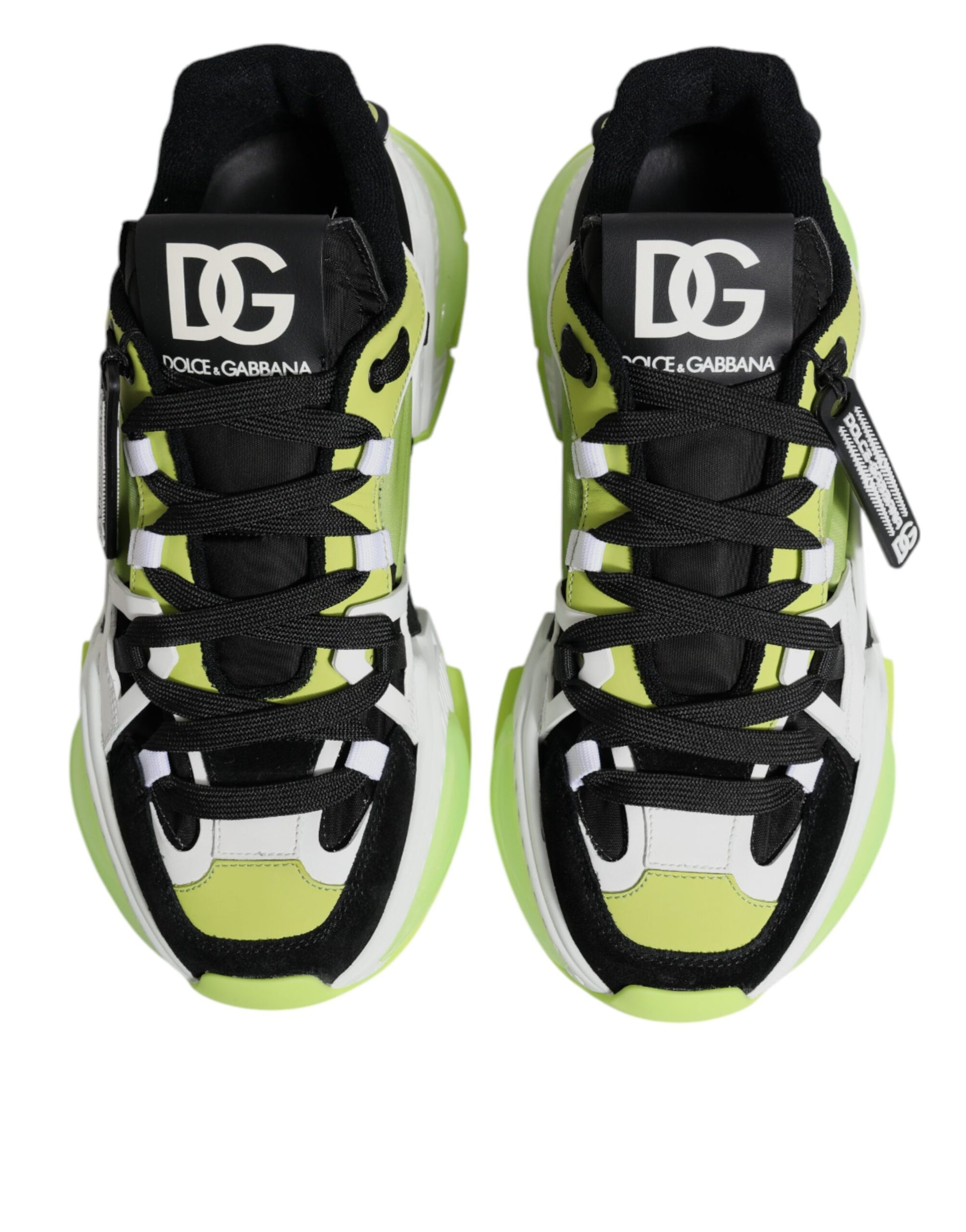 Pair of multicolored sneakers with black laces and a white logo on the side