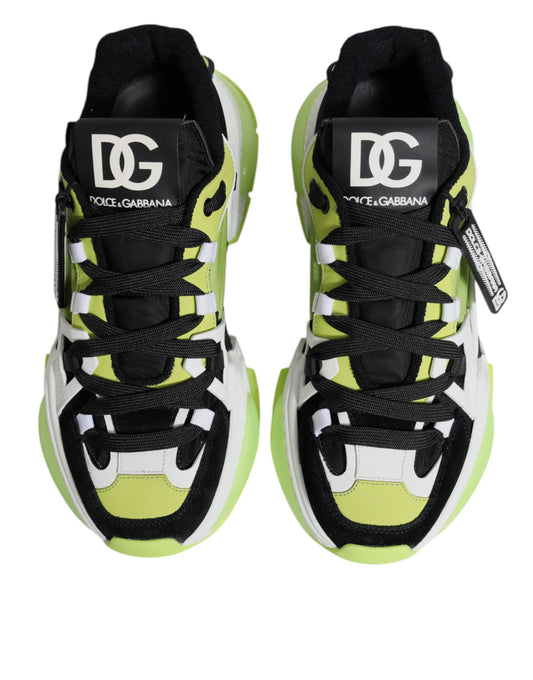 Pair of multicolored sneakers with black laces and a white logo on the side