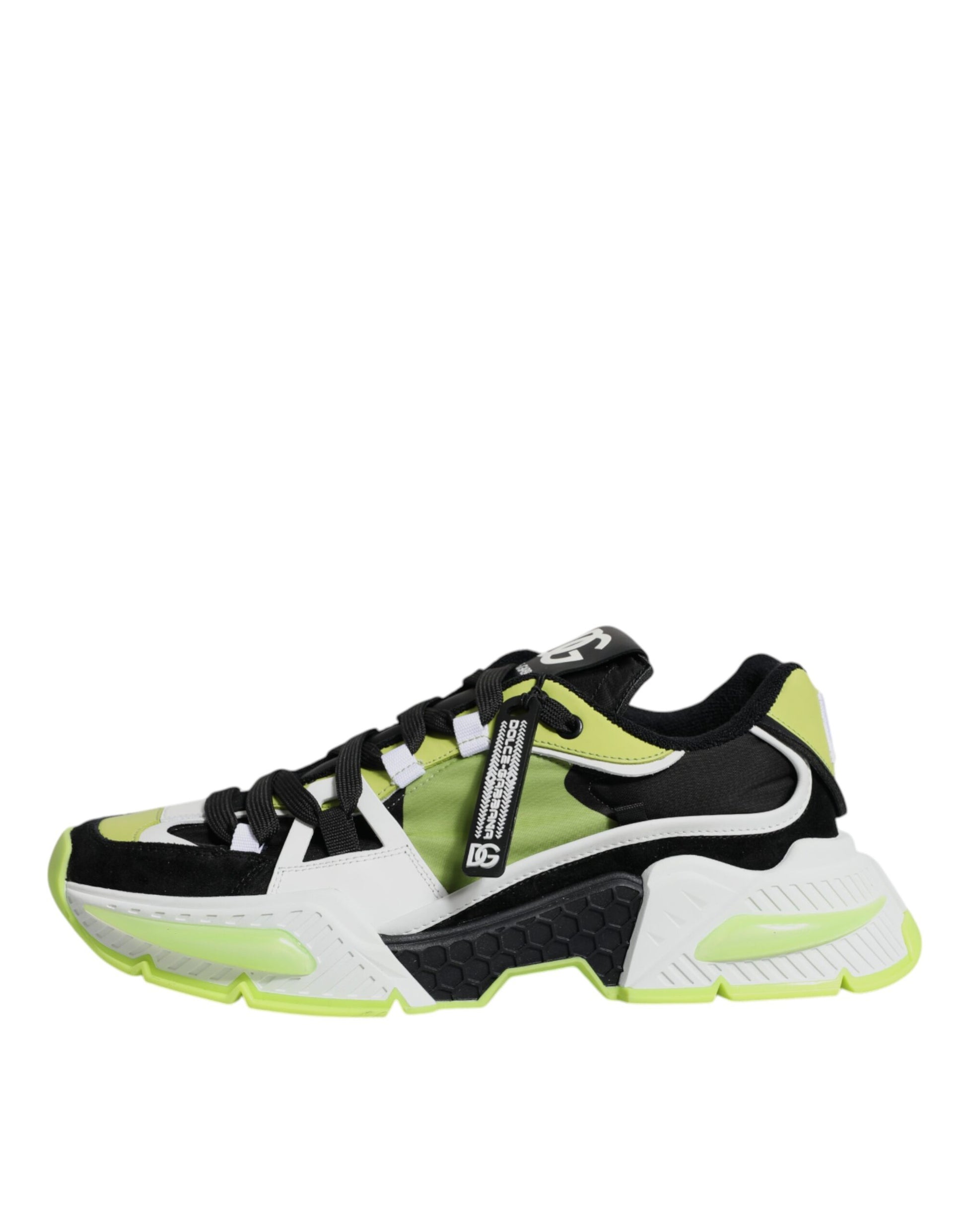 Green and black sneakers with white laces