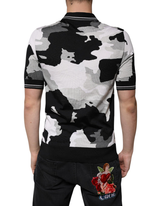 Camouflage print shirt with black collar and sleeves