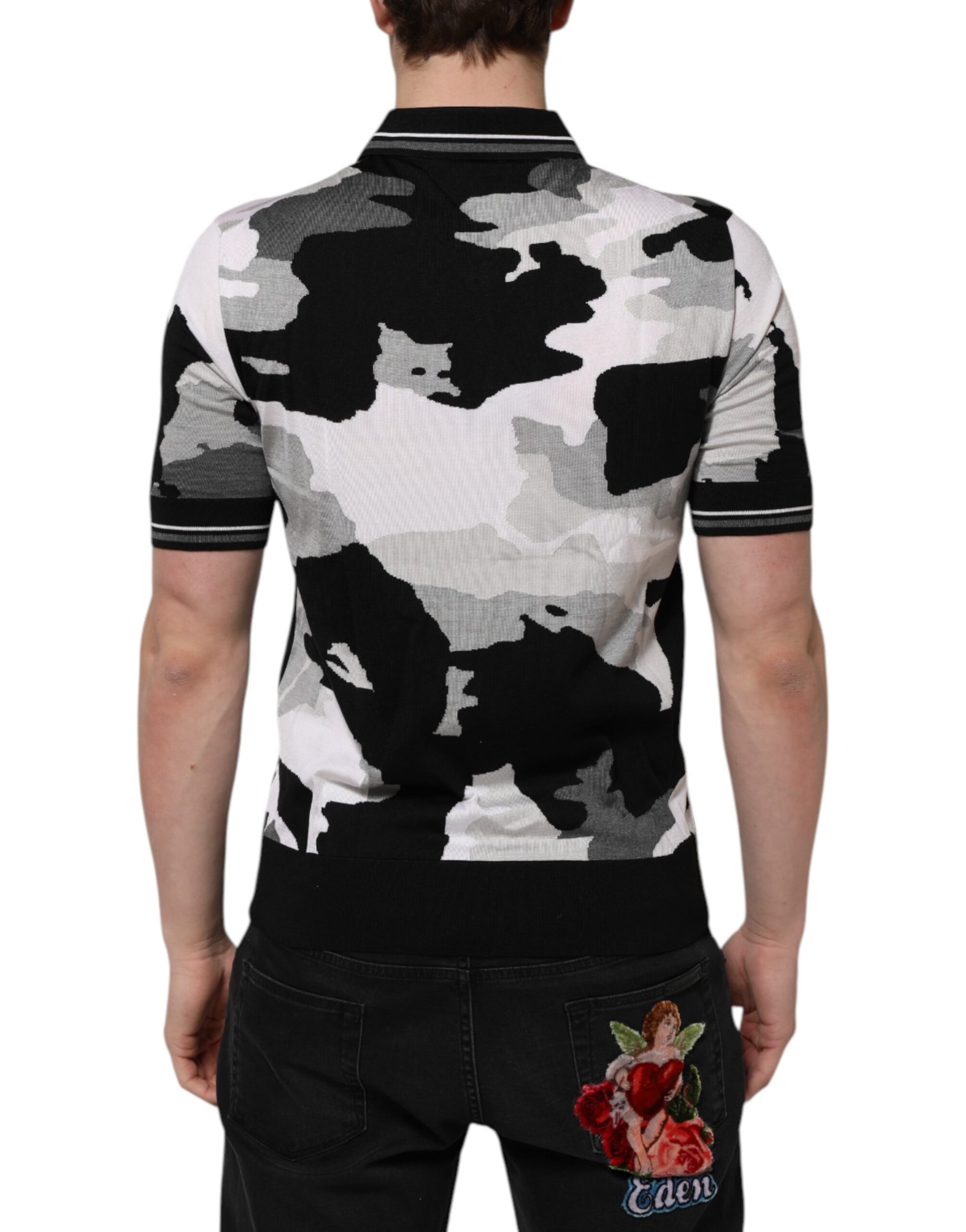 Camouflage patterned polo shirt with black stripes on sleeves