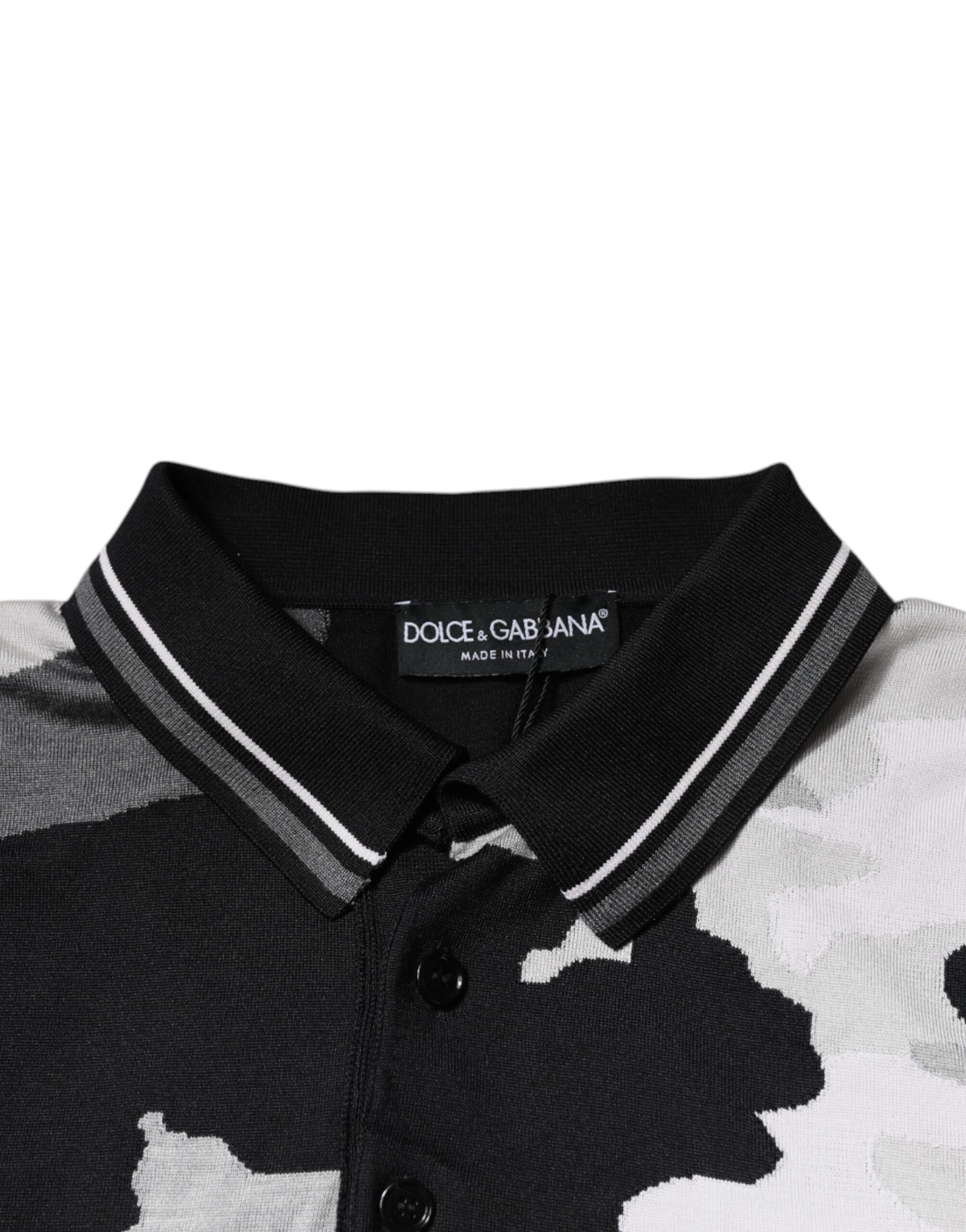 Black shirt with white stripes on collar and sleeves