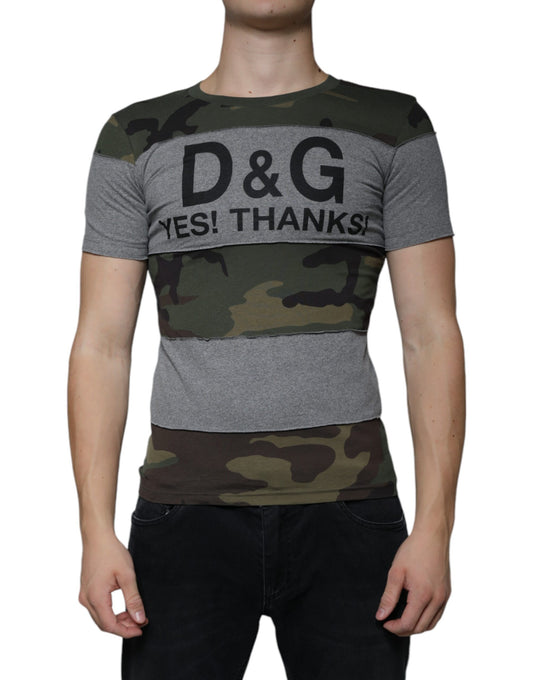 Camouflage print t-shirt with grey sleeves and a white graphic on front