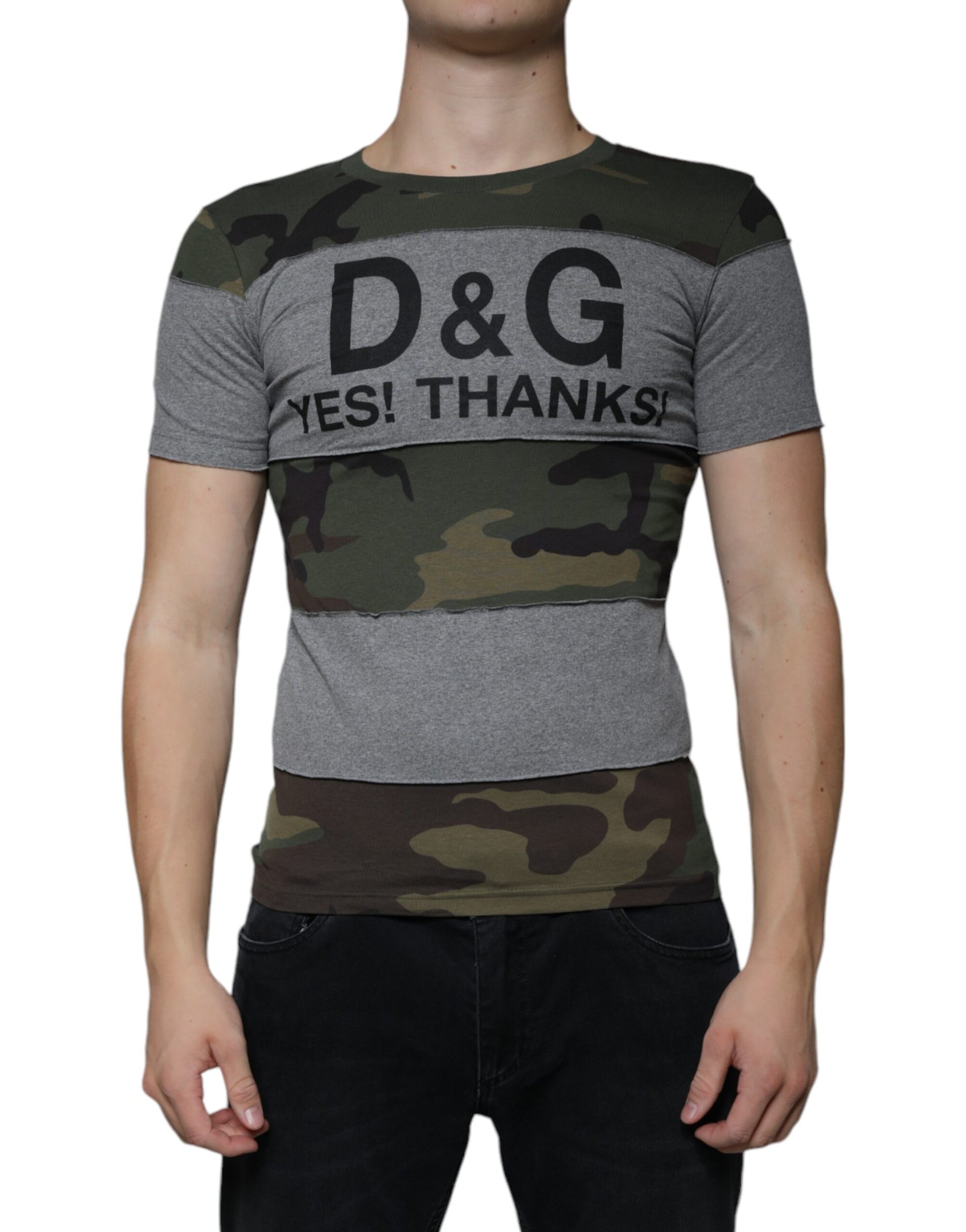 Camouflage print t-shirt with grey lettering