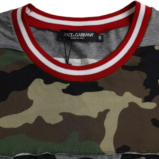 Camouflage print shirt with red trim on neckline